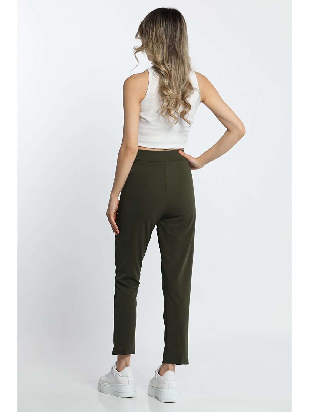 Haki Bel Lastikli Dar Paça Kadın Scuba Kumaş Pantolon (DAR KALIP)-5