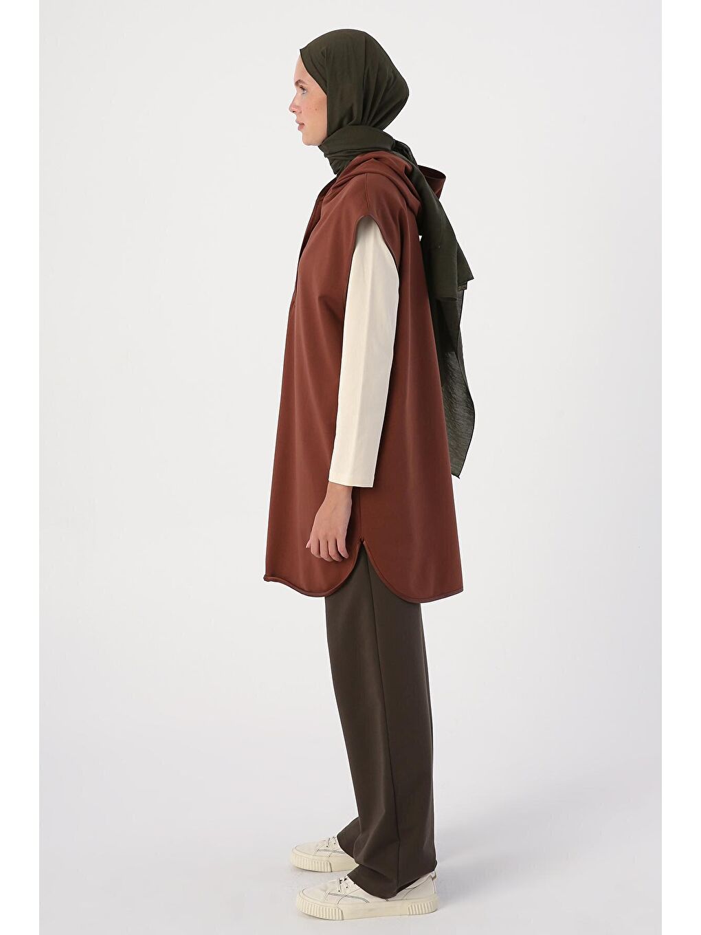 Kahverengi Açık Kahve Yarım Patlı Kapüşonlu Örme Süveter-2
