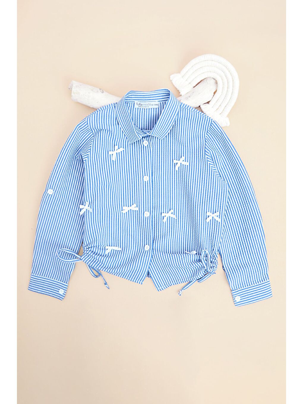 Mavi Çizgili Fiyonklu Yanları Büzgülü Kız Çocuk Gömlek-1