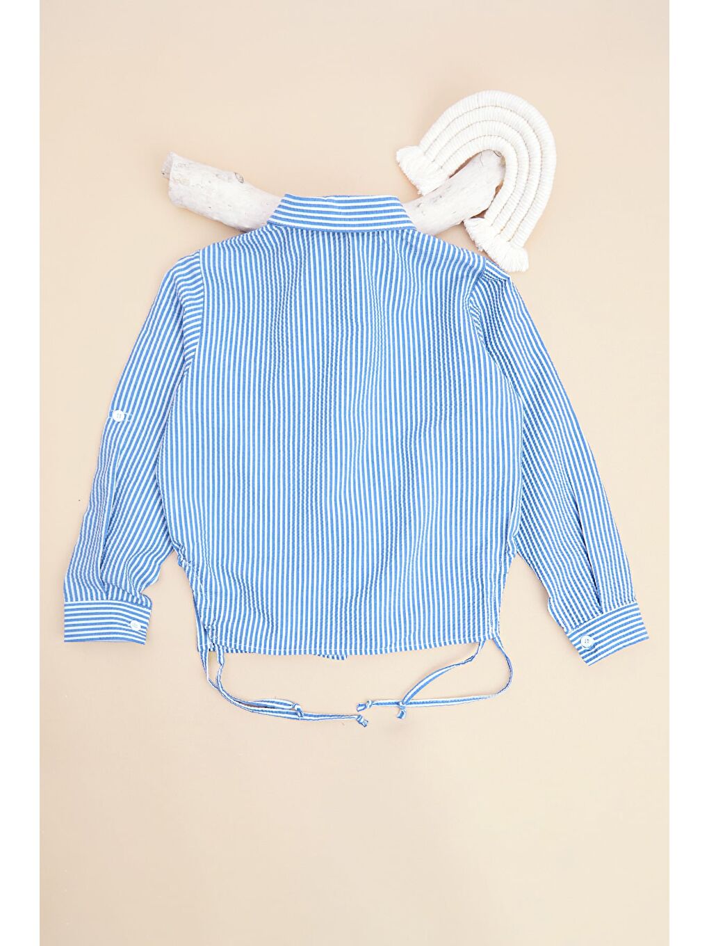 Mavi Çizgili Fiyonklu Yanları Büzgülü Kız Çocuk Gömlek-2