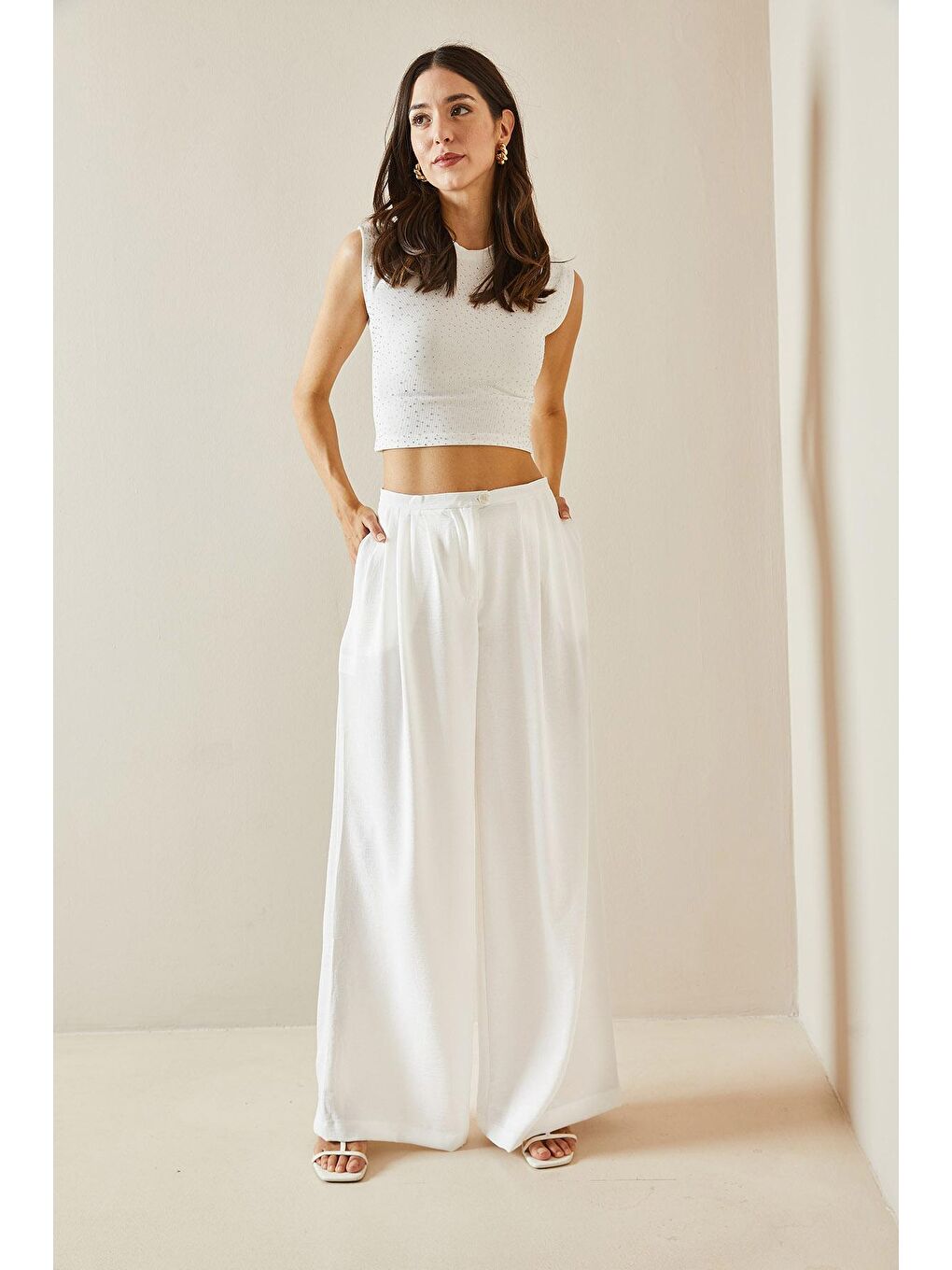 Beyaz Yüksek Bel Pileli Palazzo Pantolon 5YXK5-48660-01-1