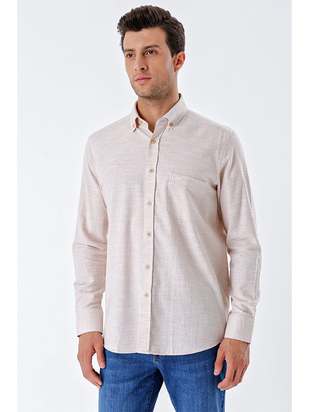 Koyu Bej Uzun Kollu Desenli Armürlü Cepli %100 Pamuk Klasik Comfort Fit Gömlek 1004230189