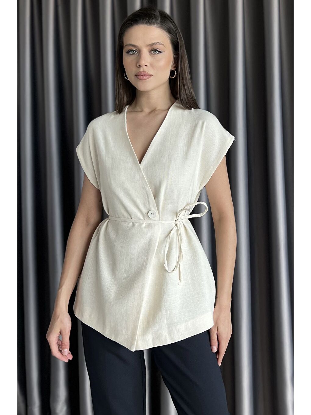 Bej Kadın Astarlı Keten Yelek