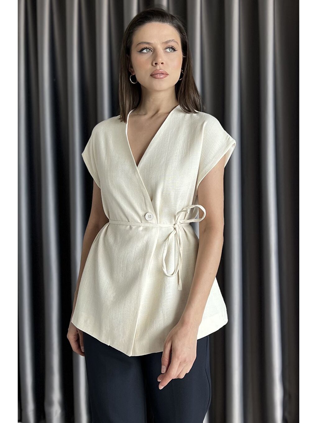 Bej Kadın Astarlı Keten Yelek-1