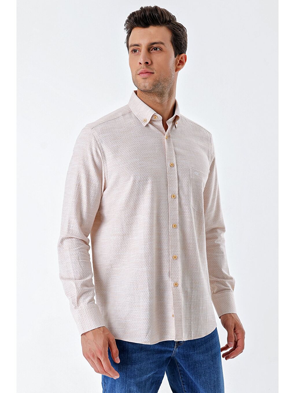 Koyu Bej Uzun Kollu Desenli Armürlü Cepli %100 Pamuk Klasik Comfort Fit Gömlek 1004230189-2