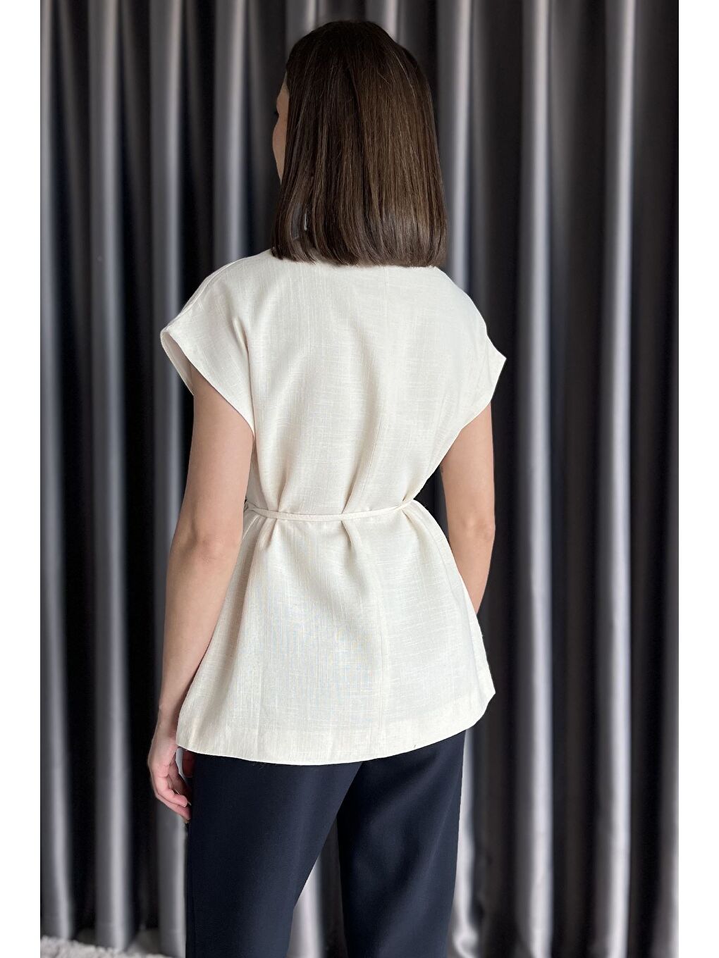 Bej Kadın Astarlı Keten Yelek-2