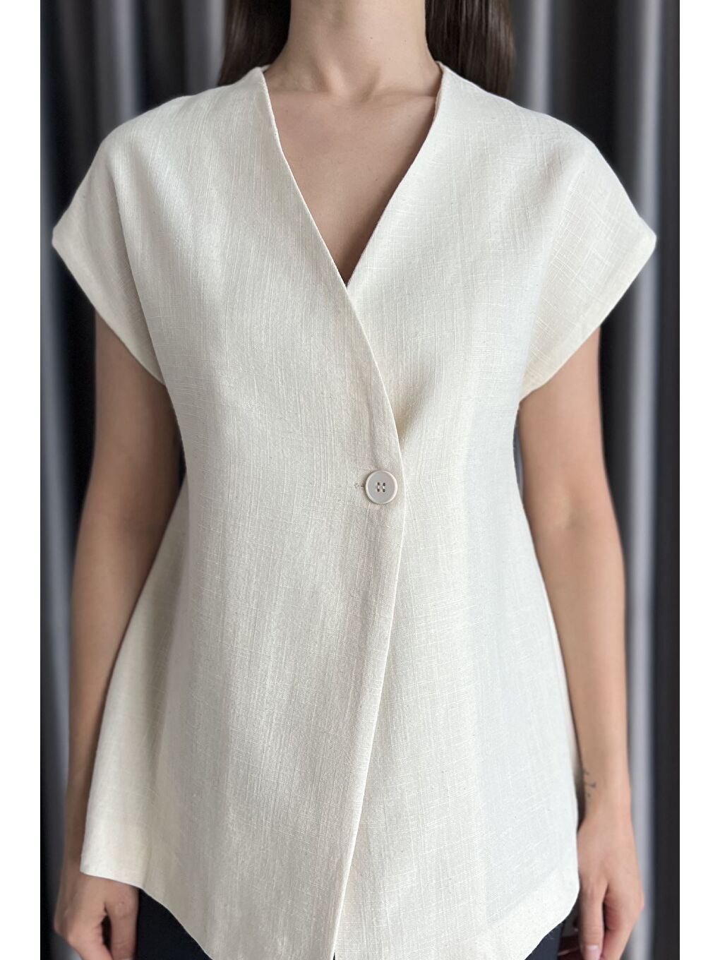 Bej Kadın Astarlı Keten Yelek-3