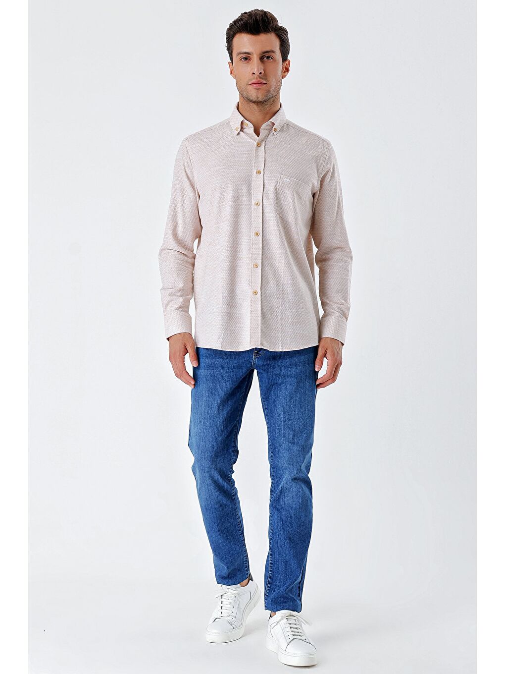 Koyu Bej Uzun Kollu Desenli Armürlü Cepli %100 Pamuk Klasik Comfort Fit Gömlek 1004230189-3