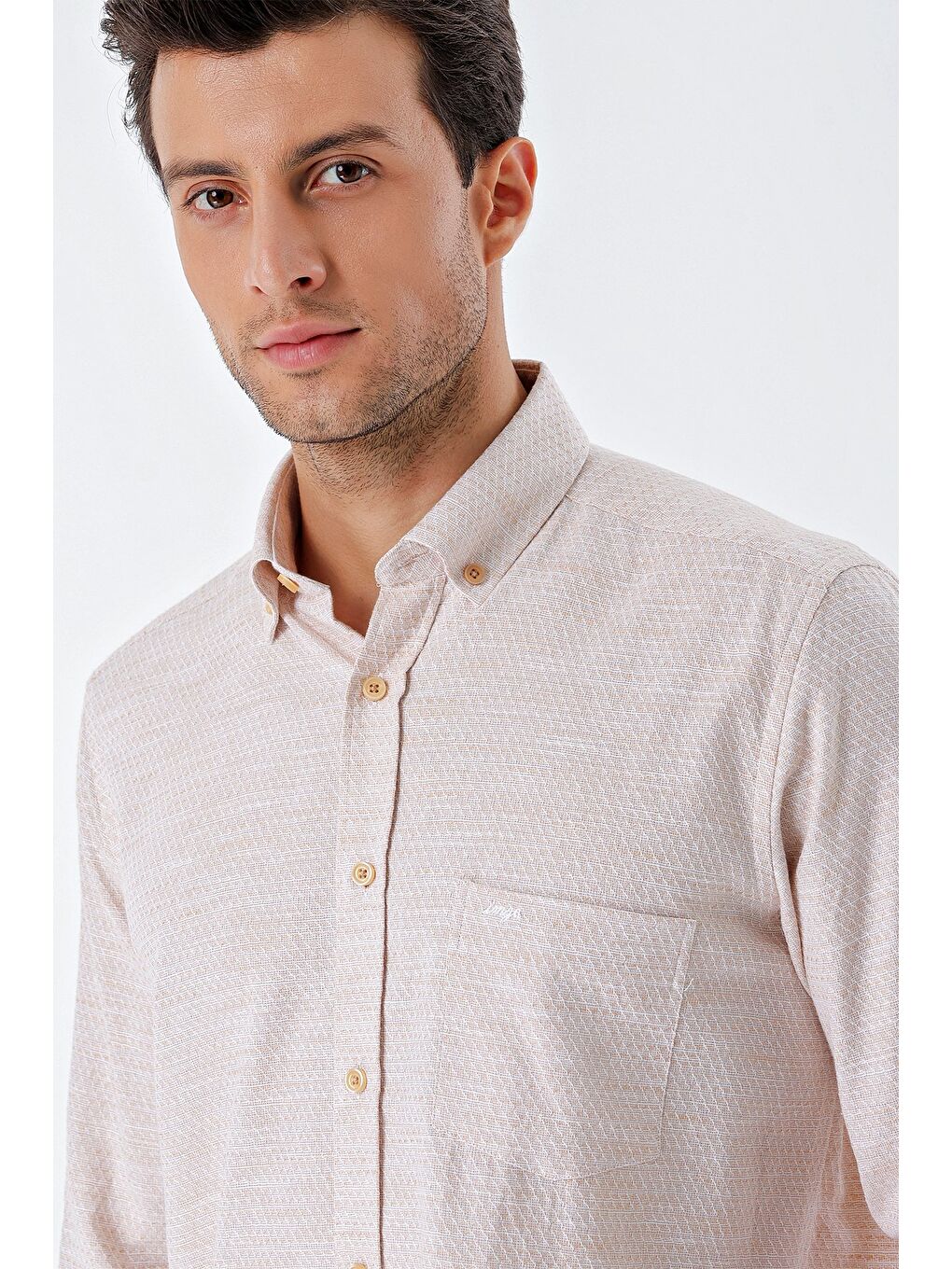 Koyu Bej Uzun Kollu Desenli Armürlü Cepli %100 Pamuk Klasik Comfort Fit Gömlek 1004230189-4