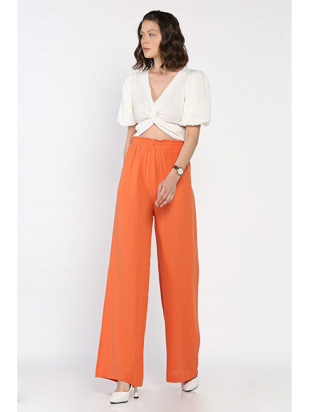 Turuncu Kadın Bel Lastikli Yüksek Bel Bol Paça Palazzo Pantolon-1