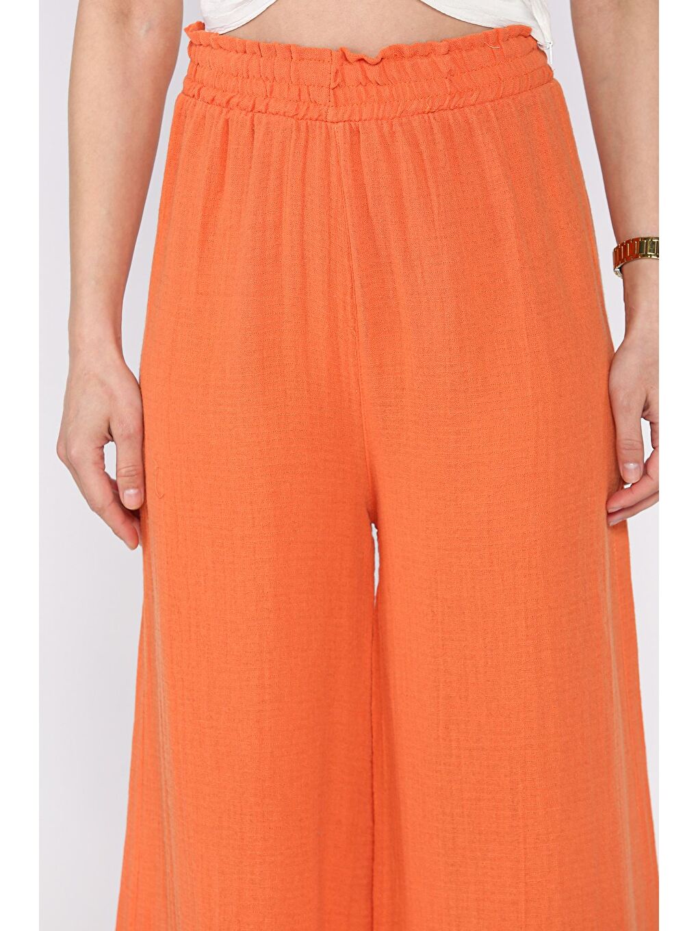 Turuncu Kadın Bel Lastikli Yüksek Bel Bol Paça Palazzo Pantolon-3