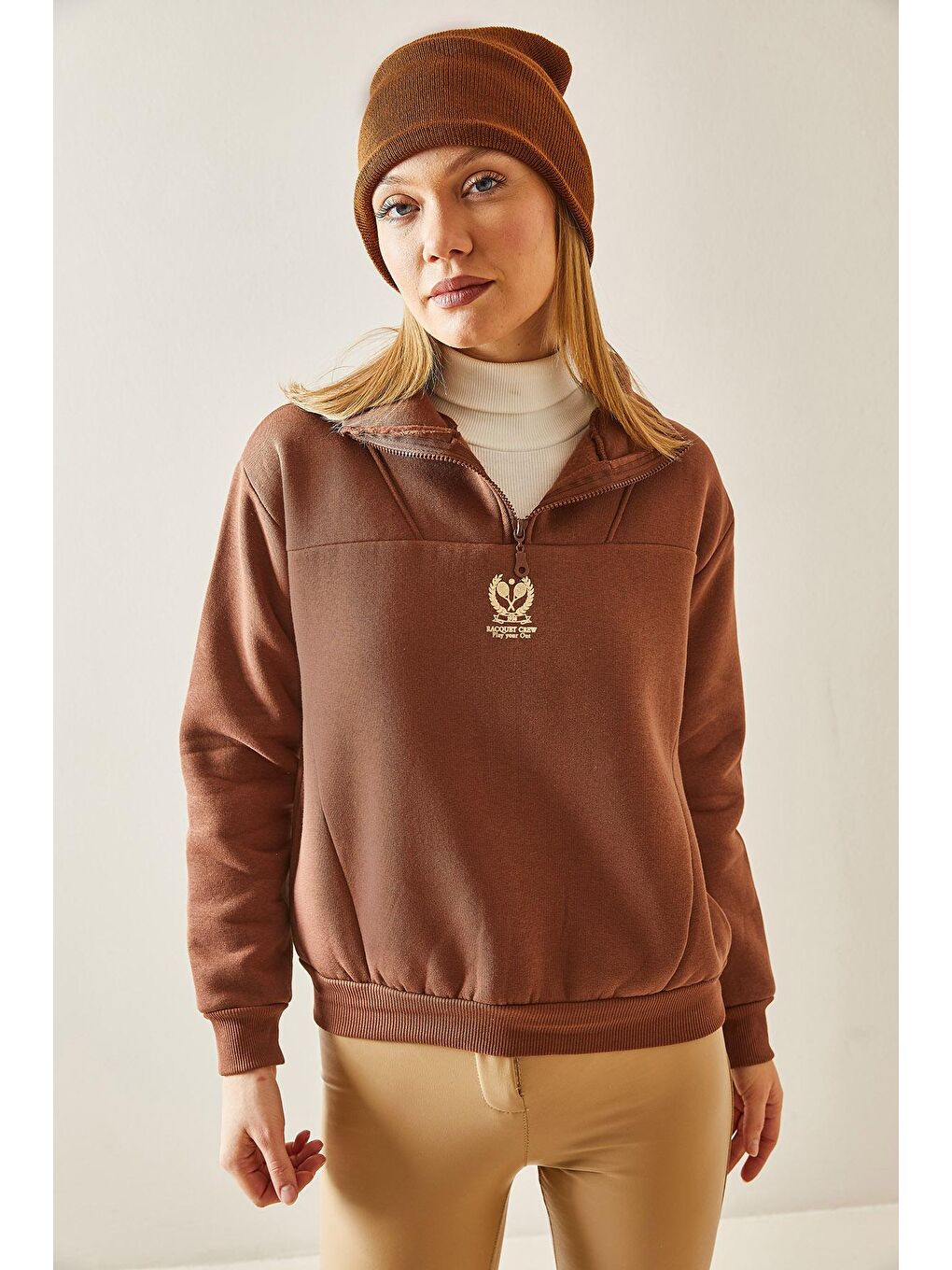Kahverengi Taba Dik Yaka Fermuarlı & Şardonlu Sweatshirt 4KXK8-47859-30