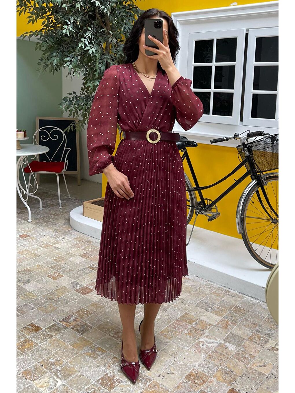 Bordo Kruvaze Yaka Puantiyeli Şifon Elbise Mg2065-1