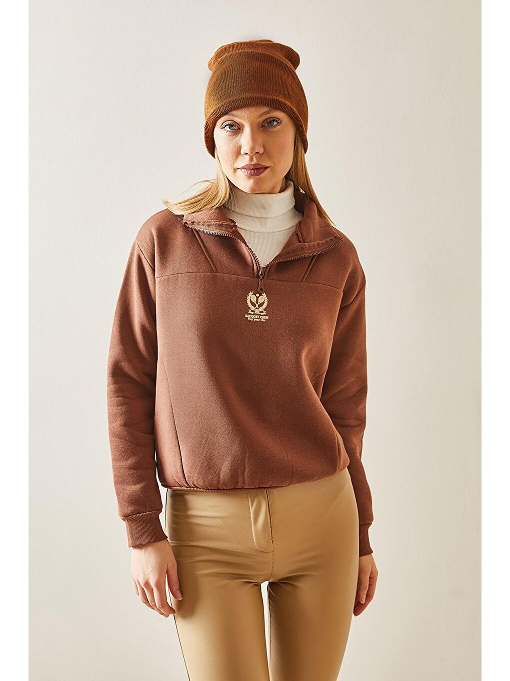 Kahverengi Taba Dik Yaka Fermuarlı & Şardonlu Sweatshirt 4KXK8-47859-30-1