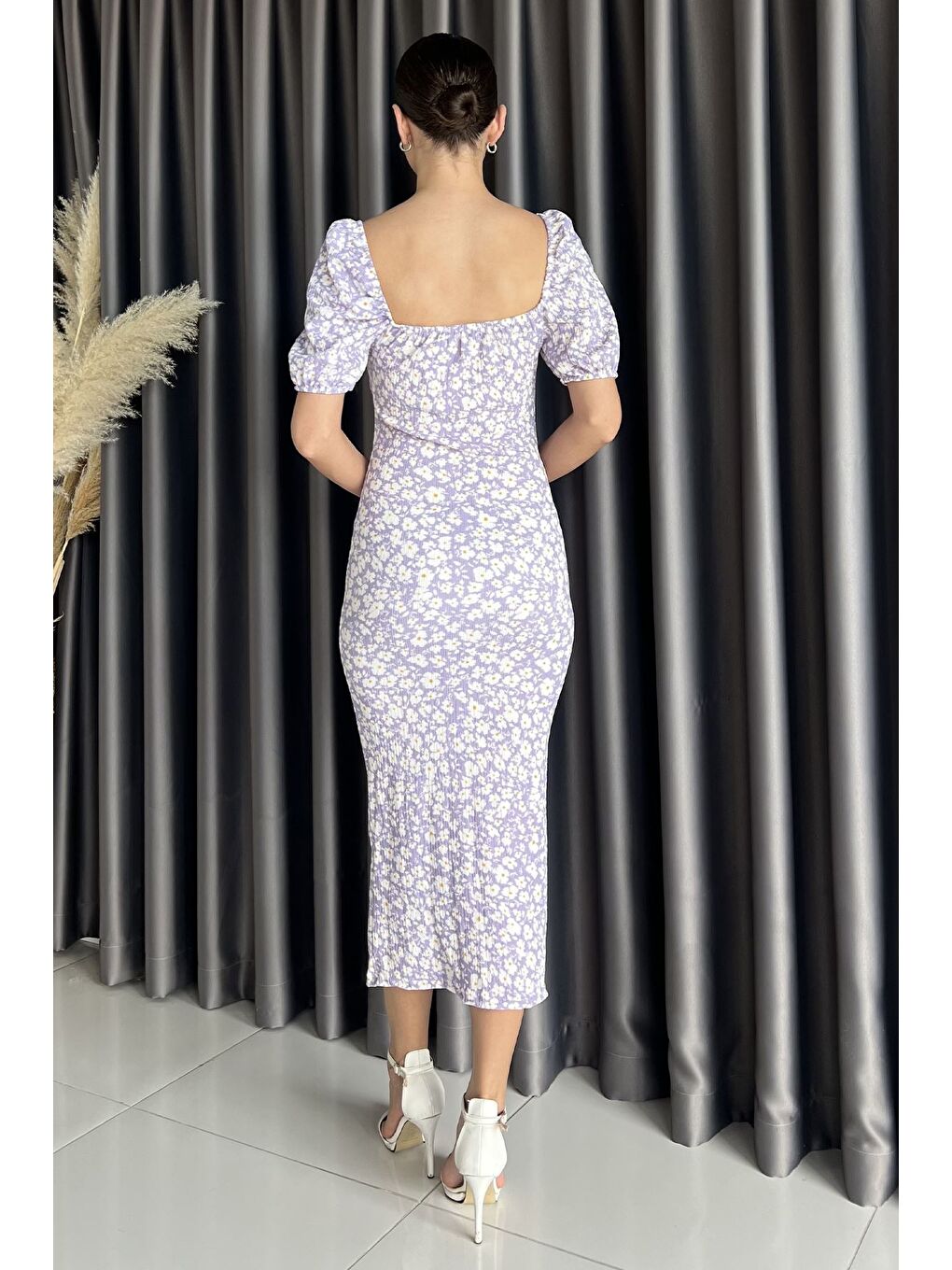 Lila Yırtmaçlı Balon Kol Kadın Desenli Elbise-2