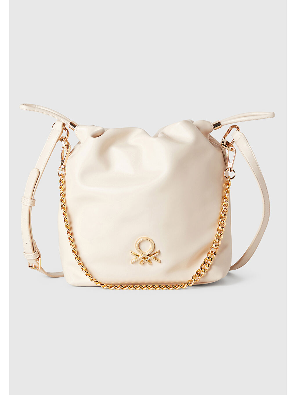 Ekru Kadın Krem Napa Efektli 3D Logolu Zincir Detaylı Büzme İpli Mini Çanta-1