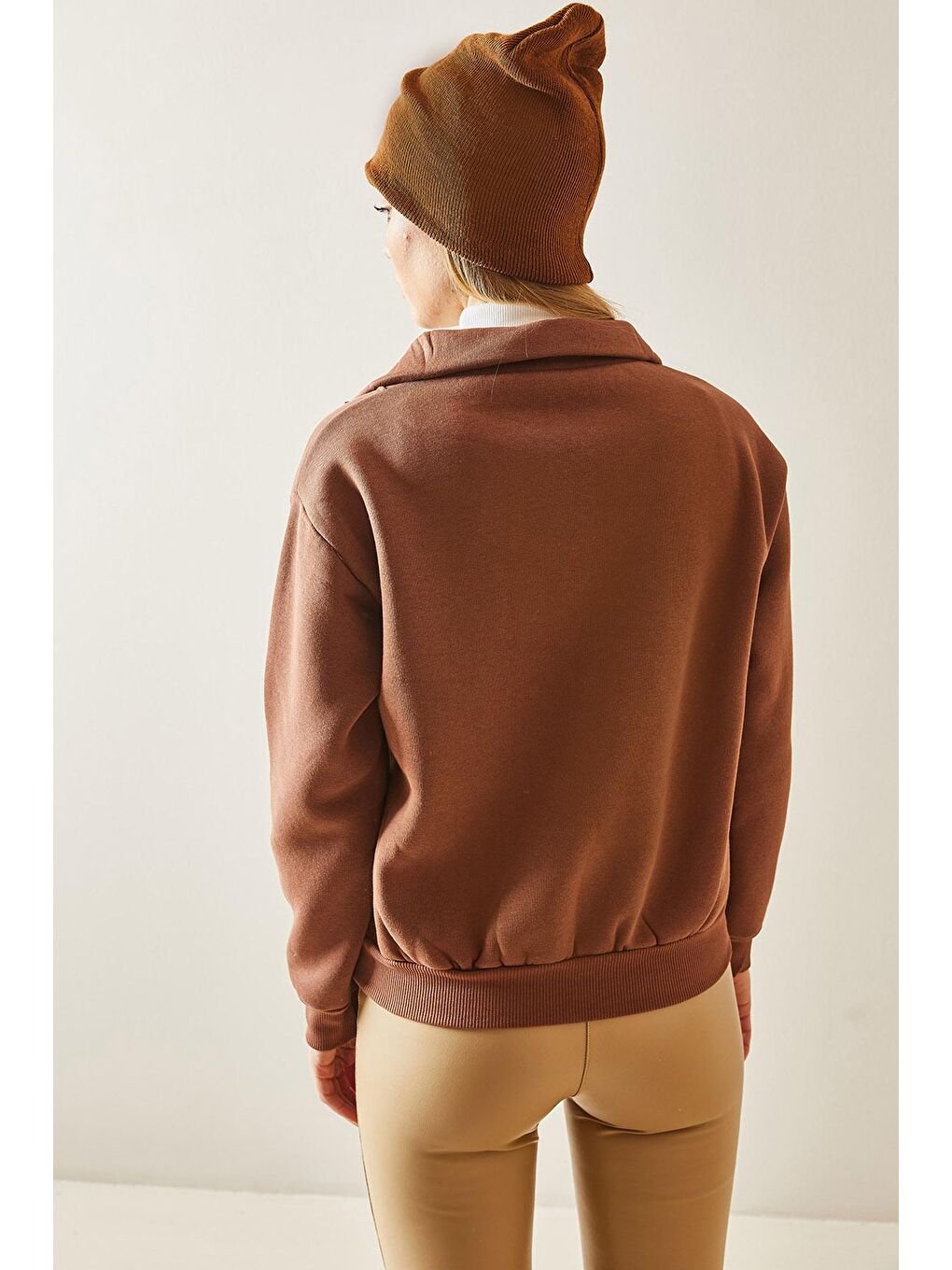 Kahverengi Taba Dik Yaka Fermuarlı & Şardonlu Sweatshirt 4KXK8-47859-30-2