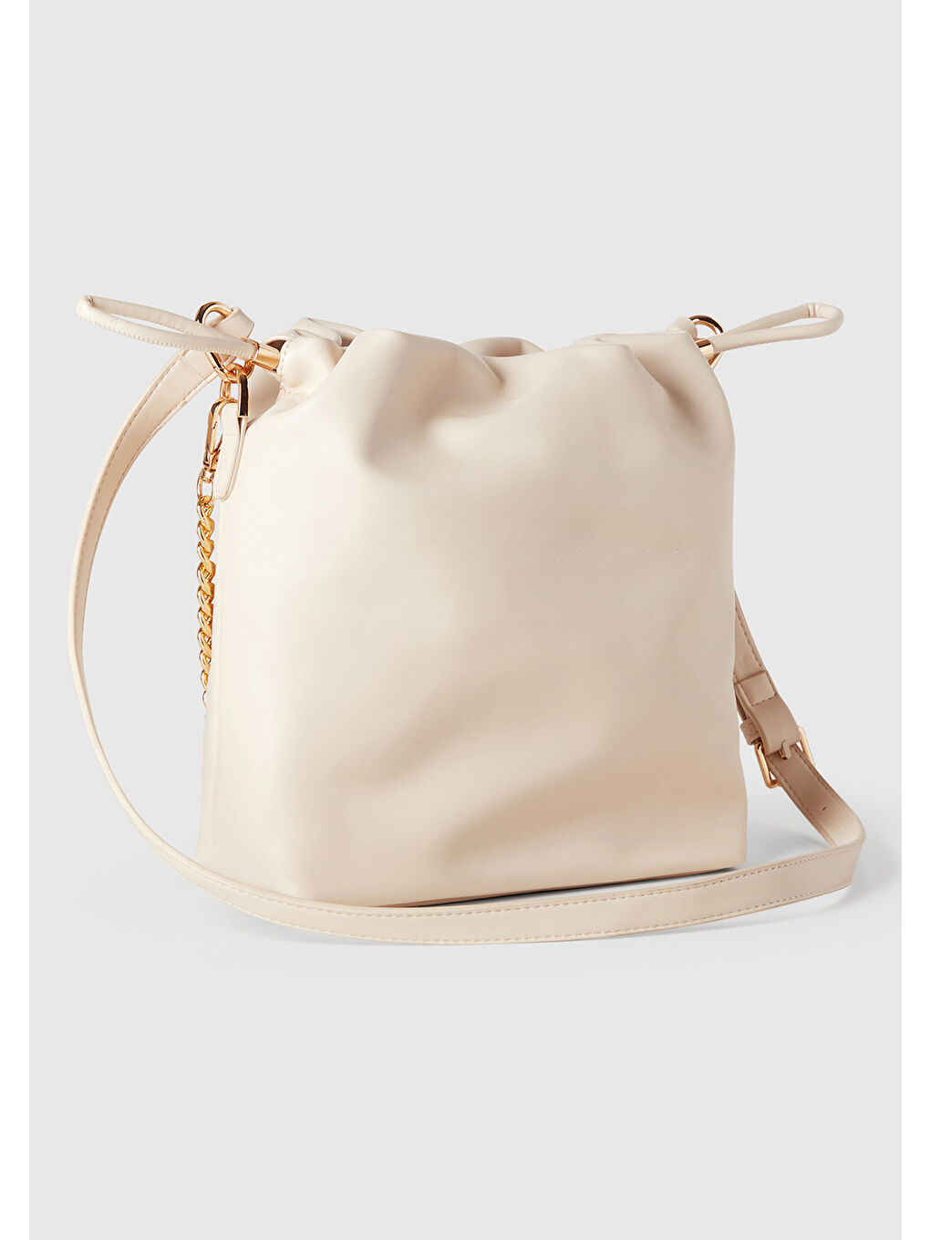 Ekru Kadın Krem Napa Efektli 3D Logolu Zincir Detaylı Büzme İpli Mini Çanta-2