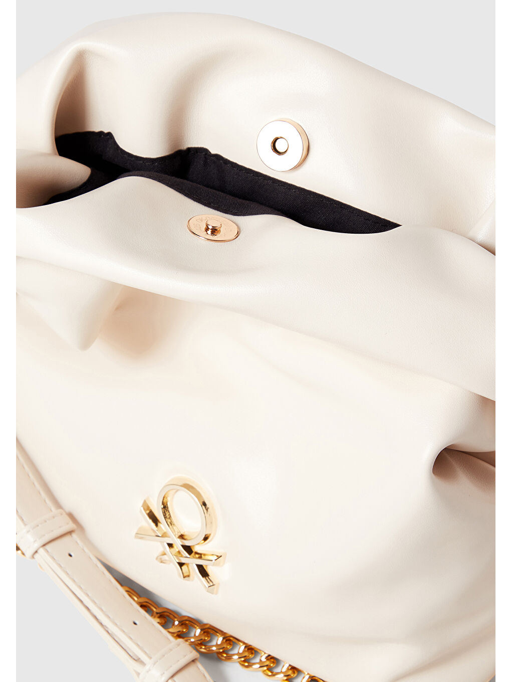 Ekru Kadın Krem Napa Efektli 3D Logolu Zincir Detaylı Büzme İpli Mini Çanta-3