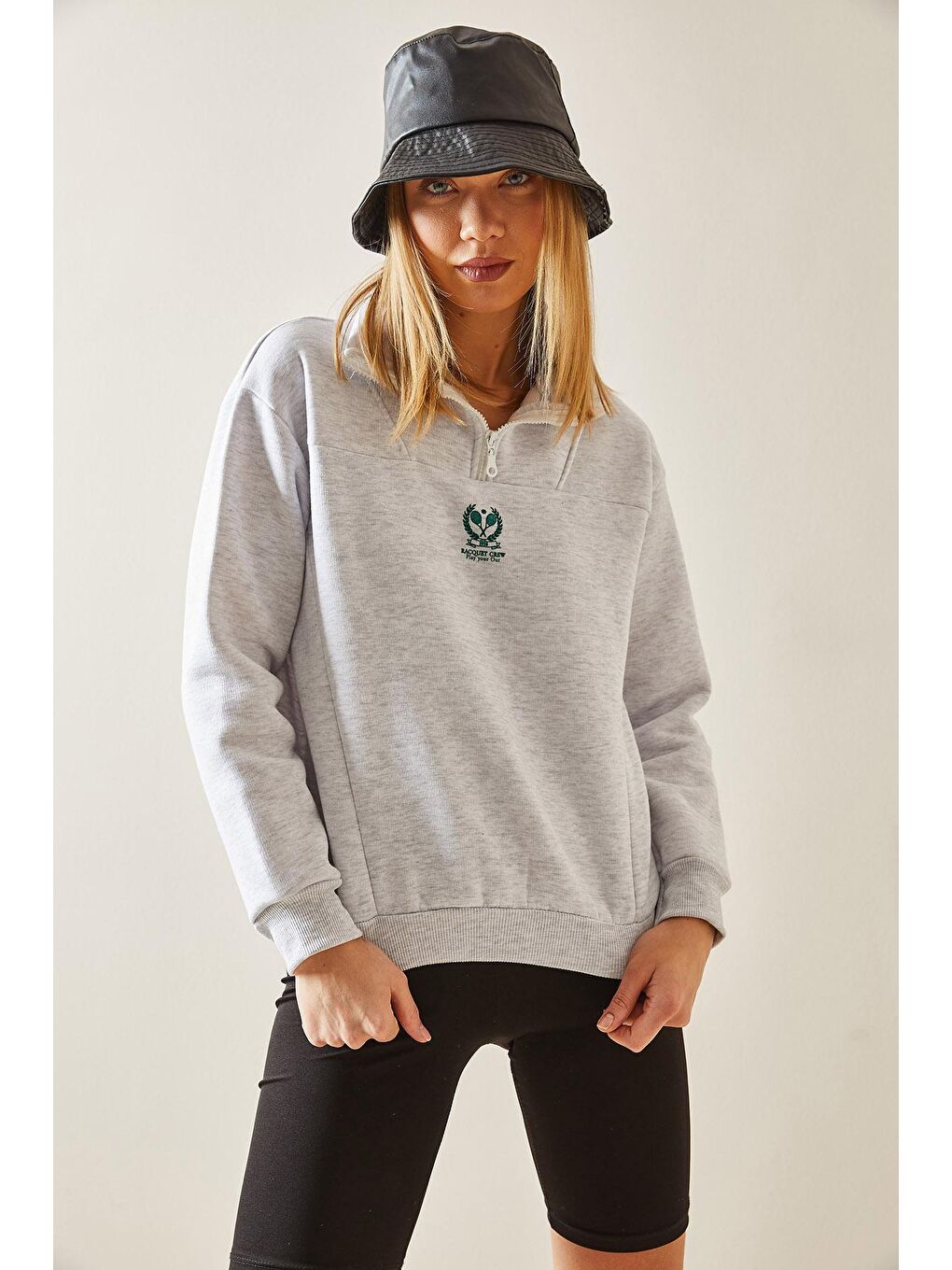 Gri Dik Yaka Fermuarlı & Şardonlu Sweatshirt 4KXK8-47859-03-1