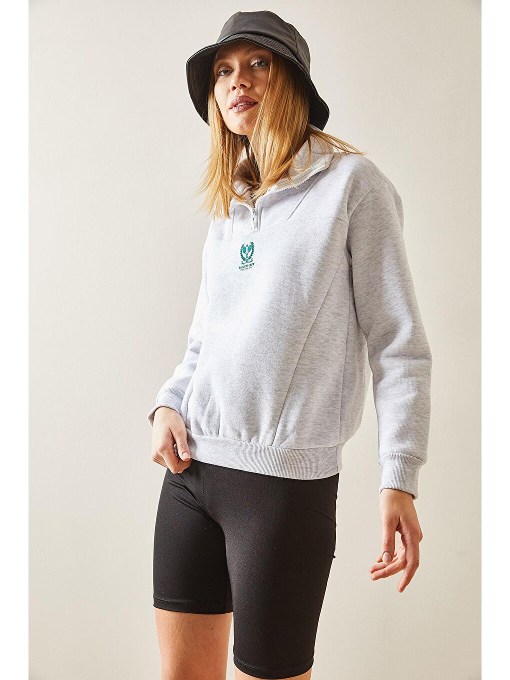 Gri Dik Yaka Fermuarlı & Şardonlu Sweatshirt 4KXK8-47859-03-2