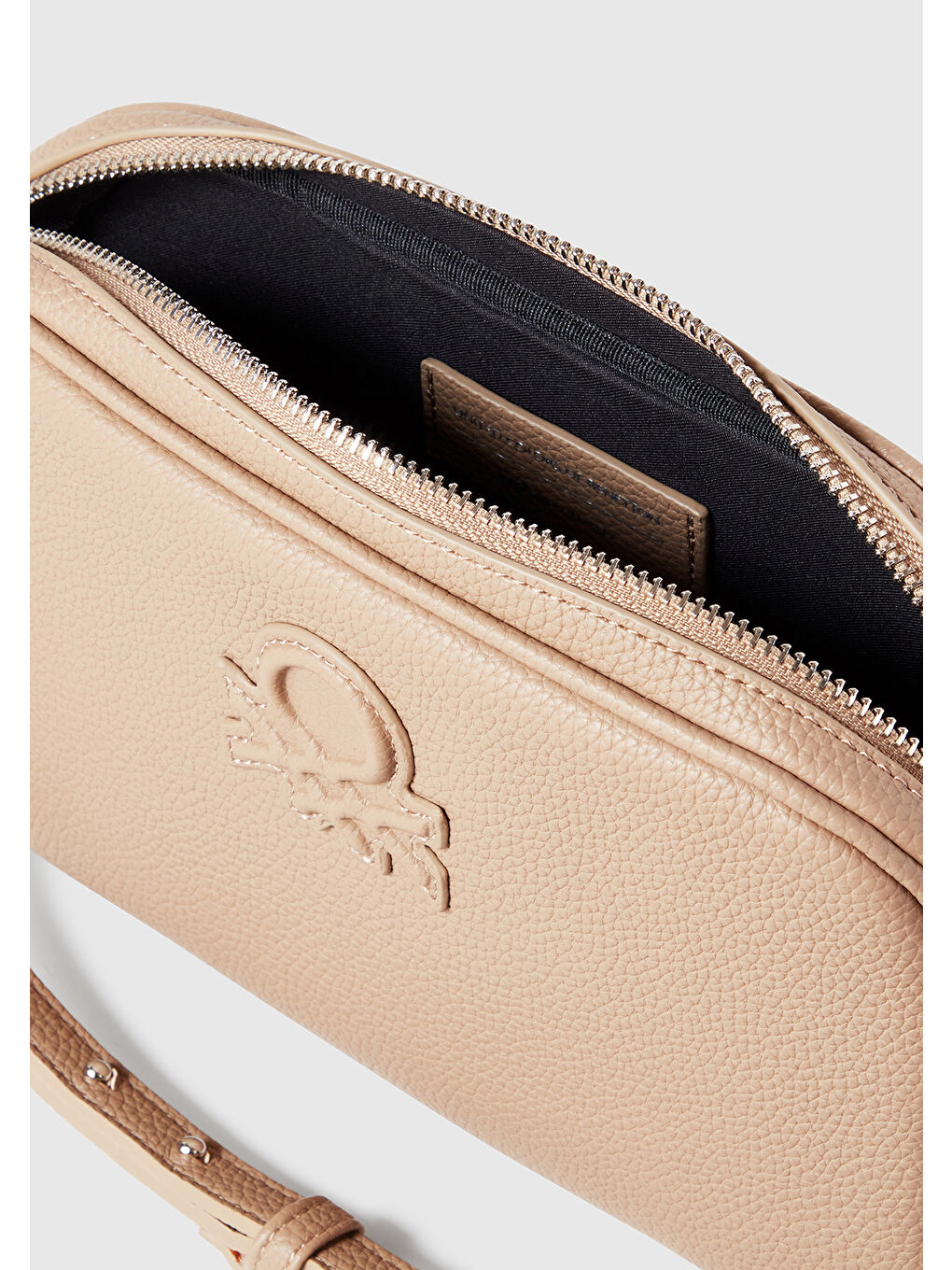 Kadın Bej Eskitme Efektli Fermuarlı Kabartma Logolu Mini Omuz Çantası-3