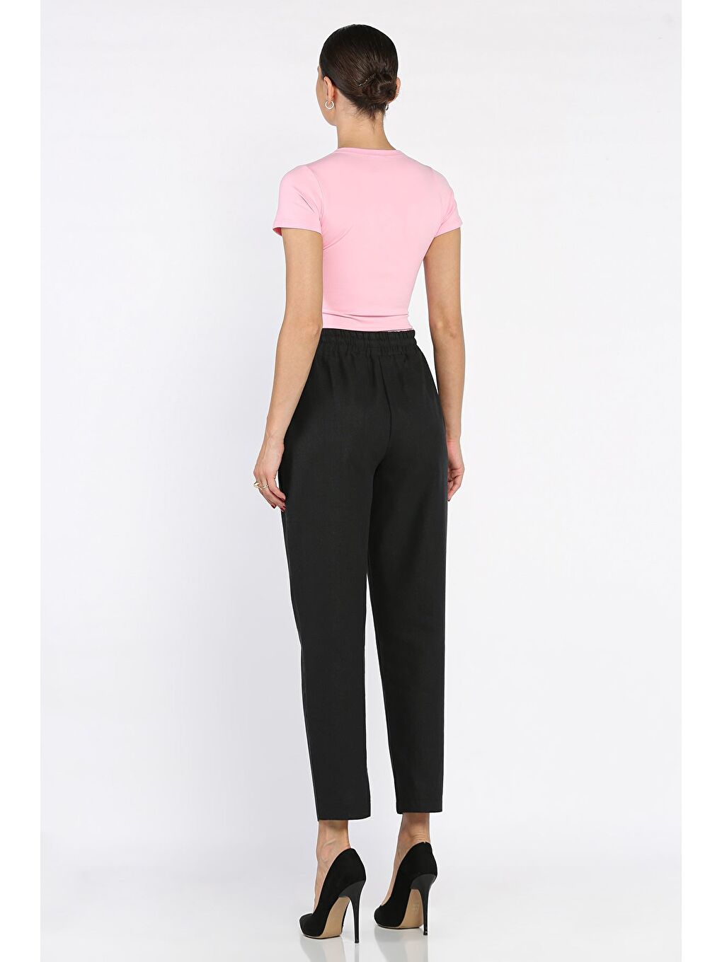 Siyah Kadın Bel Bağlamalı Ön Çimalı Havuç Pantolon-2