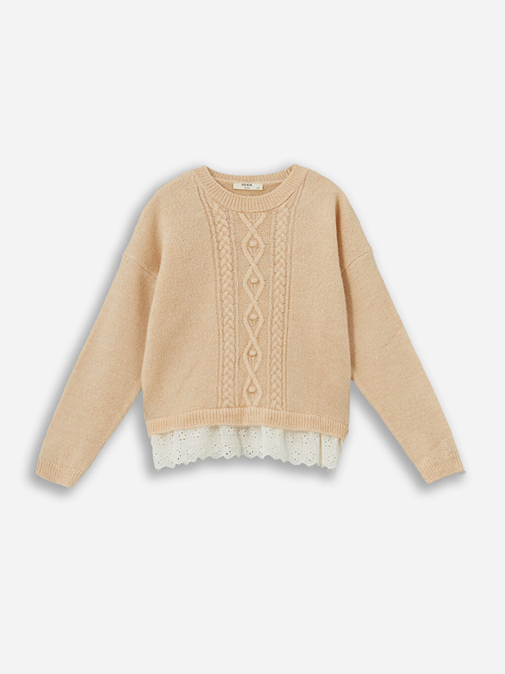 Dexia Lace Collar Jumper - Yaka ve Etek Ucu Dantel Detaylı Triko Kazak  - Bej Renk