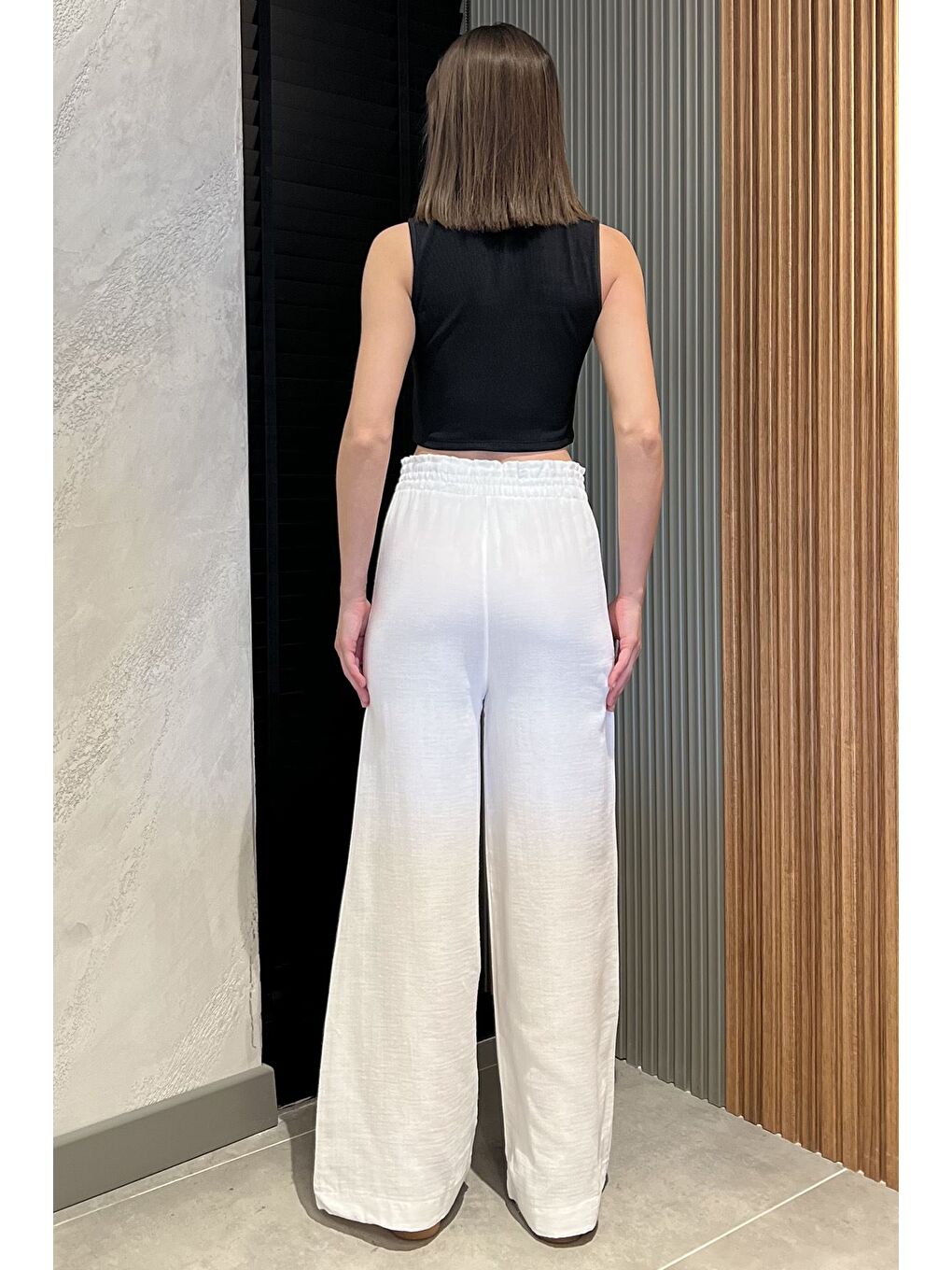 Beyaz Kadın Bel Lastikli Yüksek Bel Bol Paça Palazzo Pantolon-2