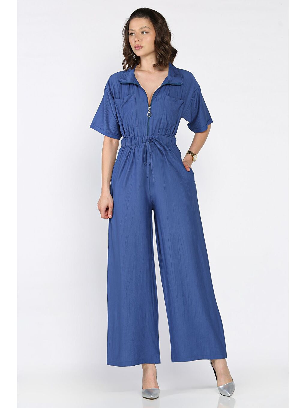 İndigo Yarım Fermuarlı Bel Lastikli Kısa Kol Tulum-1