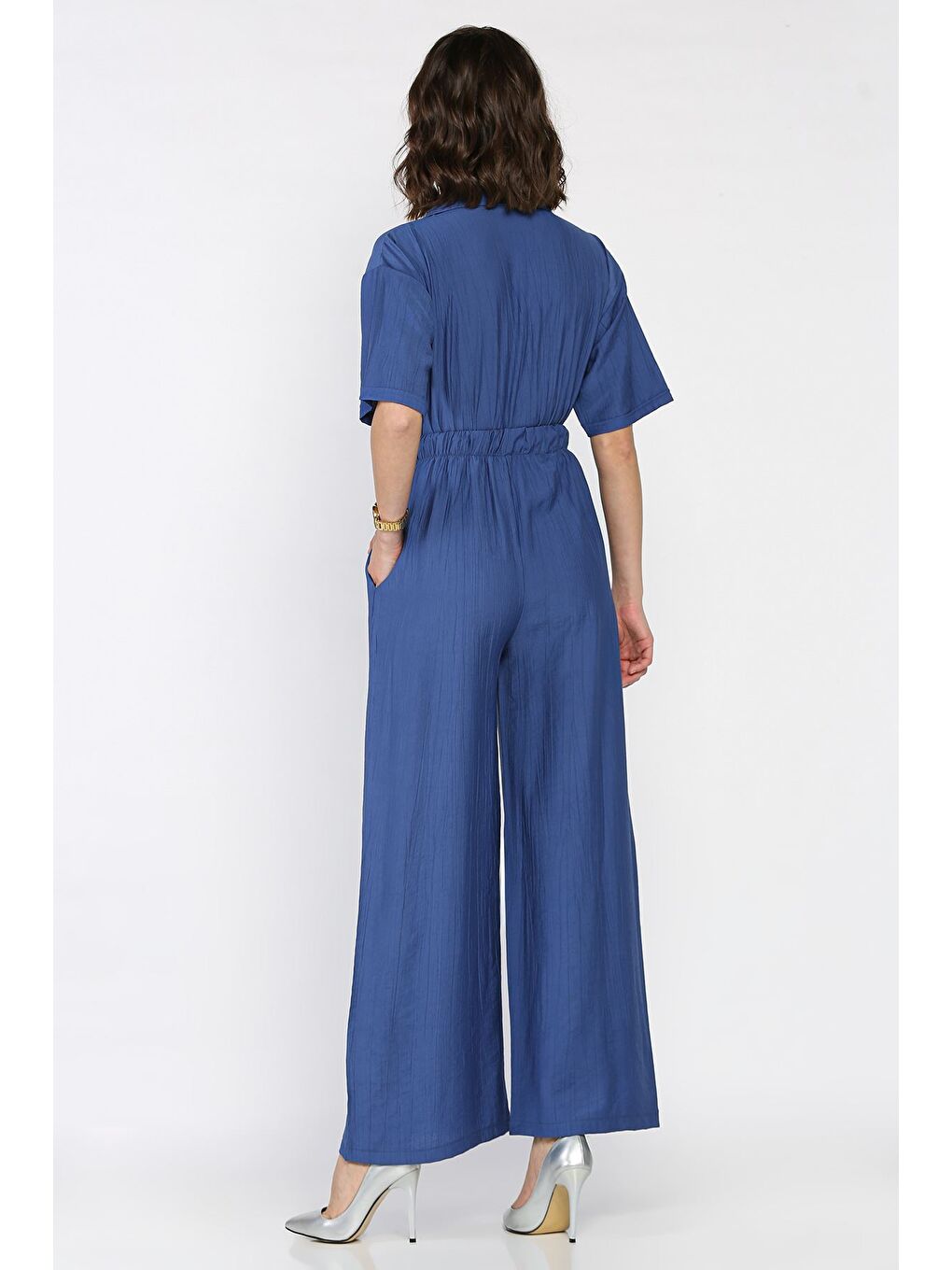 İndigo Yarım Fermuarlı Bel Lastikli Kısa Kol Tulum-2