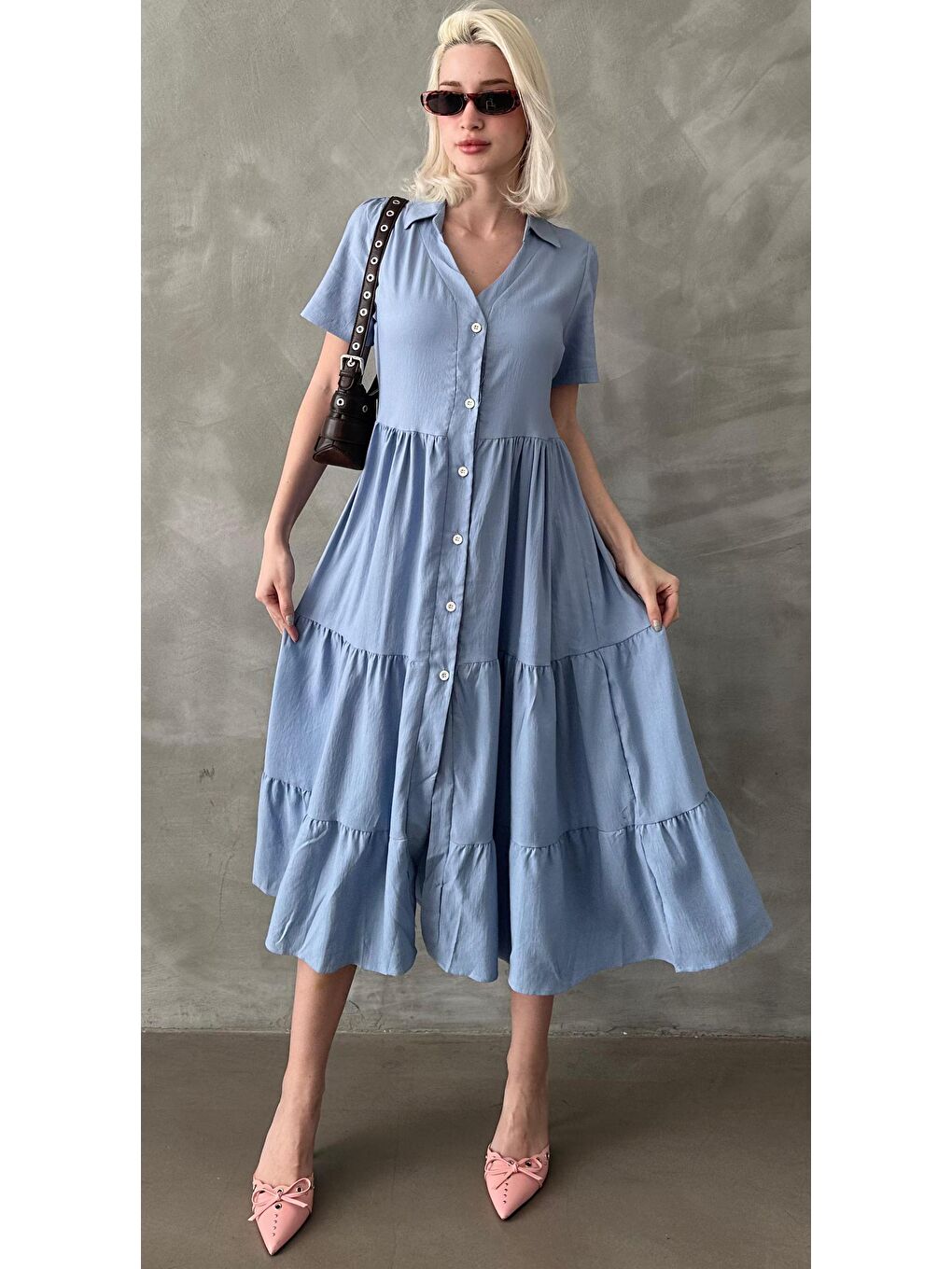 Mavi Bordo Gömlek Yaka Uzun Elbise Mg1853-2