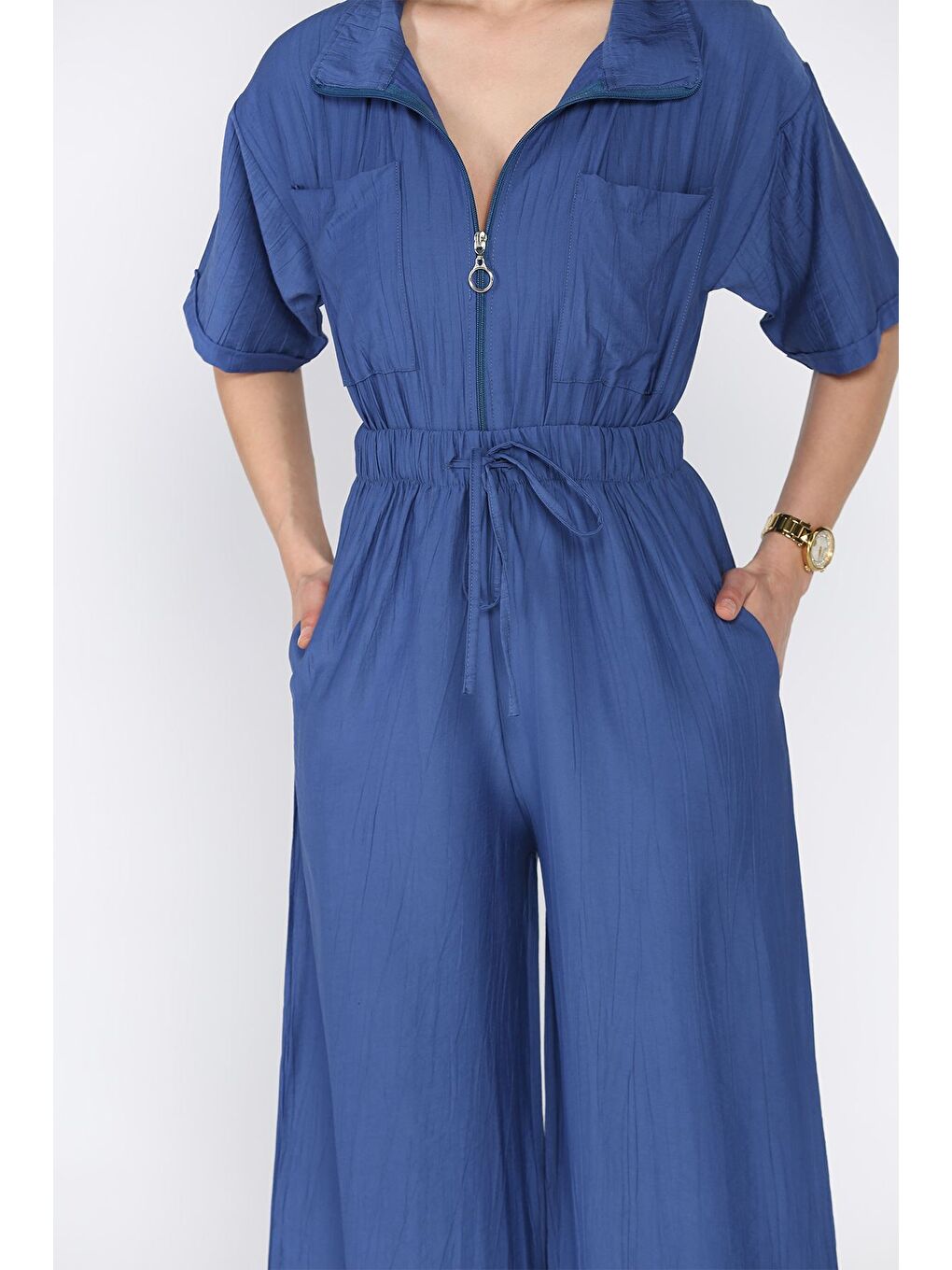 İndigo Yarım Fermuarlı Bel Lastikli Kısa Kol Tulum-3