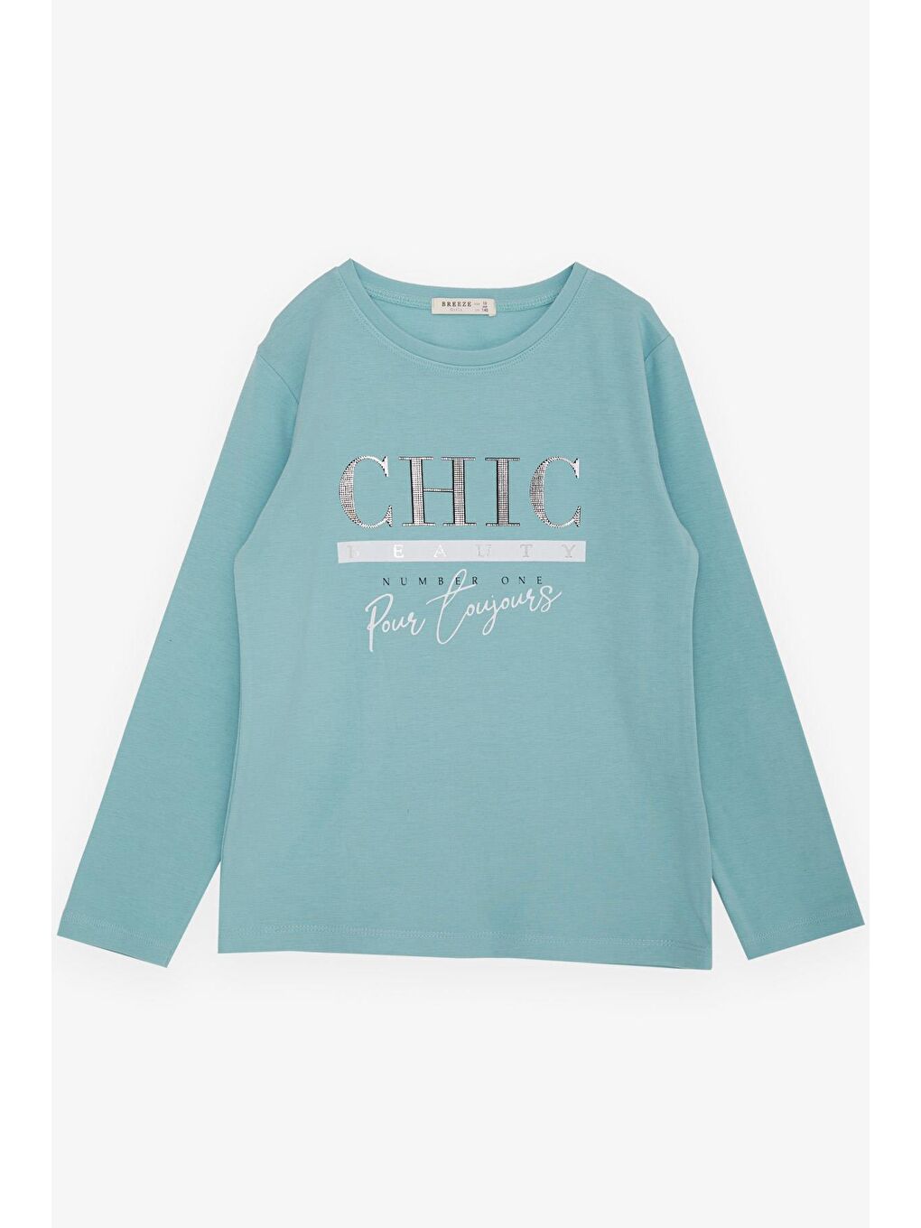 Turkuaz Kız Çocuk Uzun Kollu Tişört Simli Yazı Baskılı Su Yeşili (9-12 Yaş)