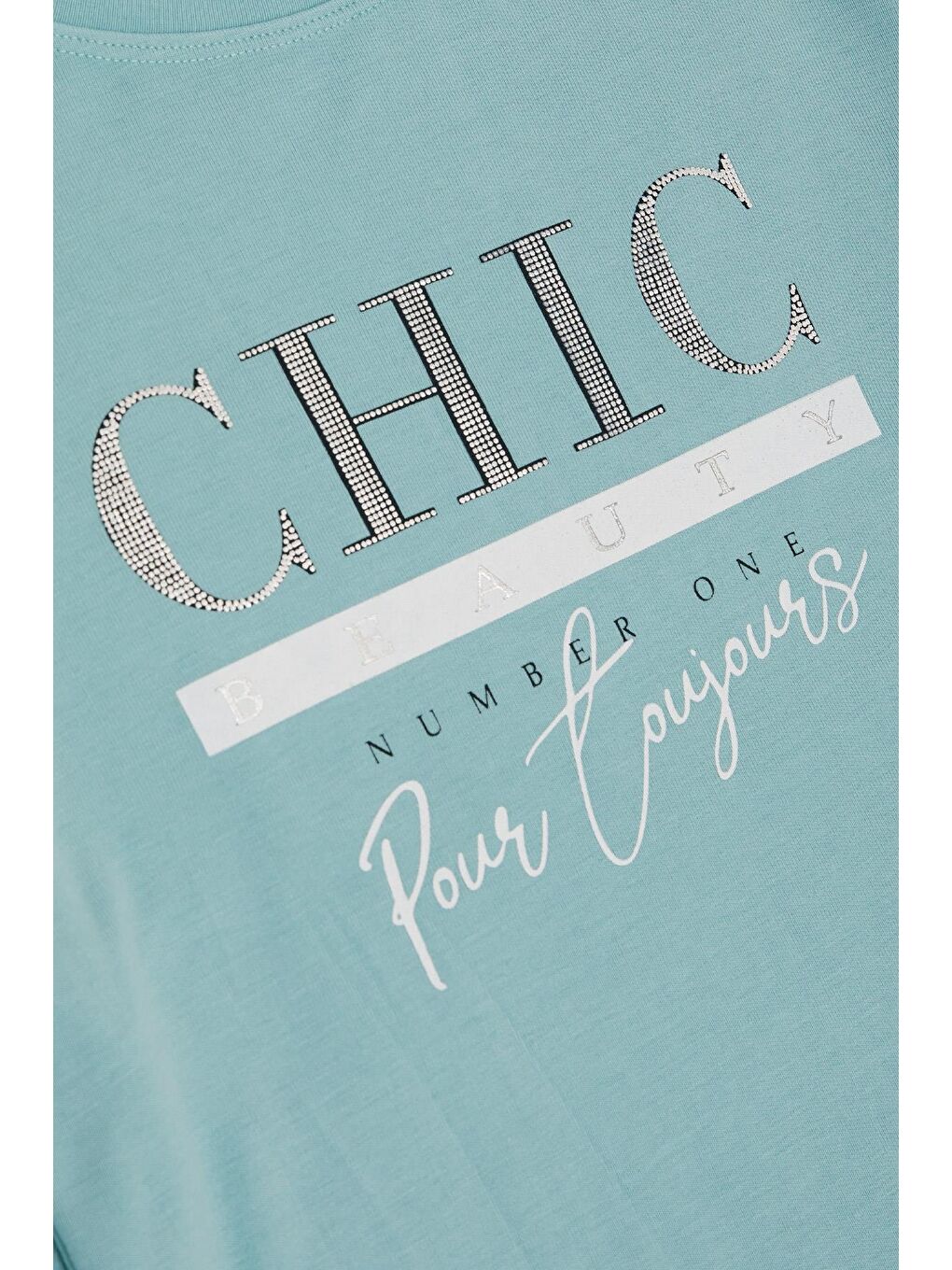 Turkuaz Kız Çocuk Uzun Kollu Tişört Simli Yazı Baskılı Su Yeşili (9-12 Yaş)-3