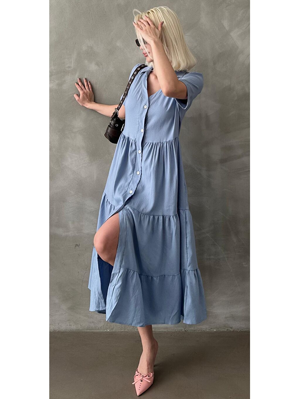 Mavi Bordo Gömlek Yaka Uzun Elbise Mg1853-3