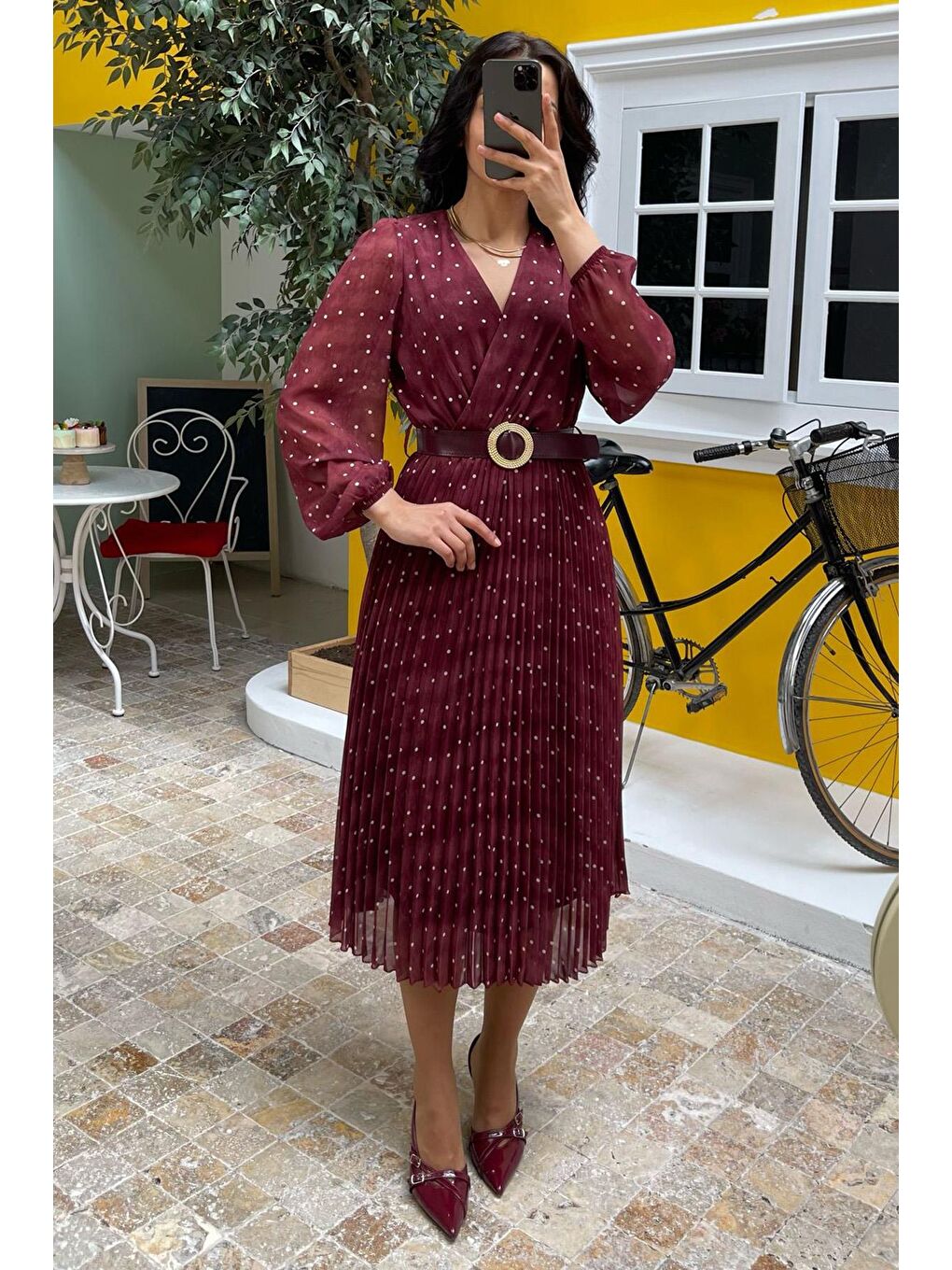 Bordo Kruvaze Yaka Puantiyeli Şifon Elbise Mg2065-2