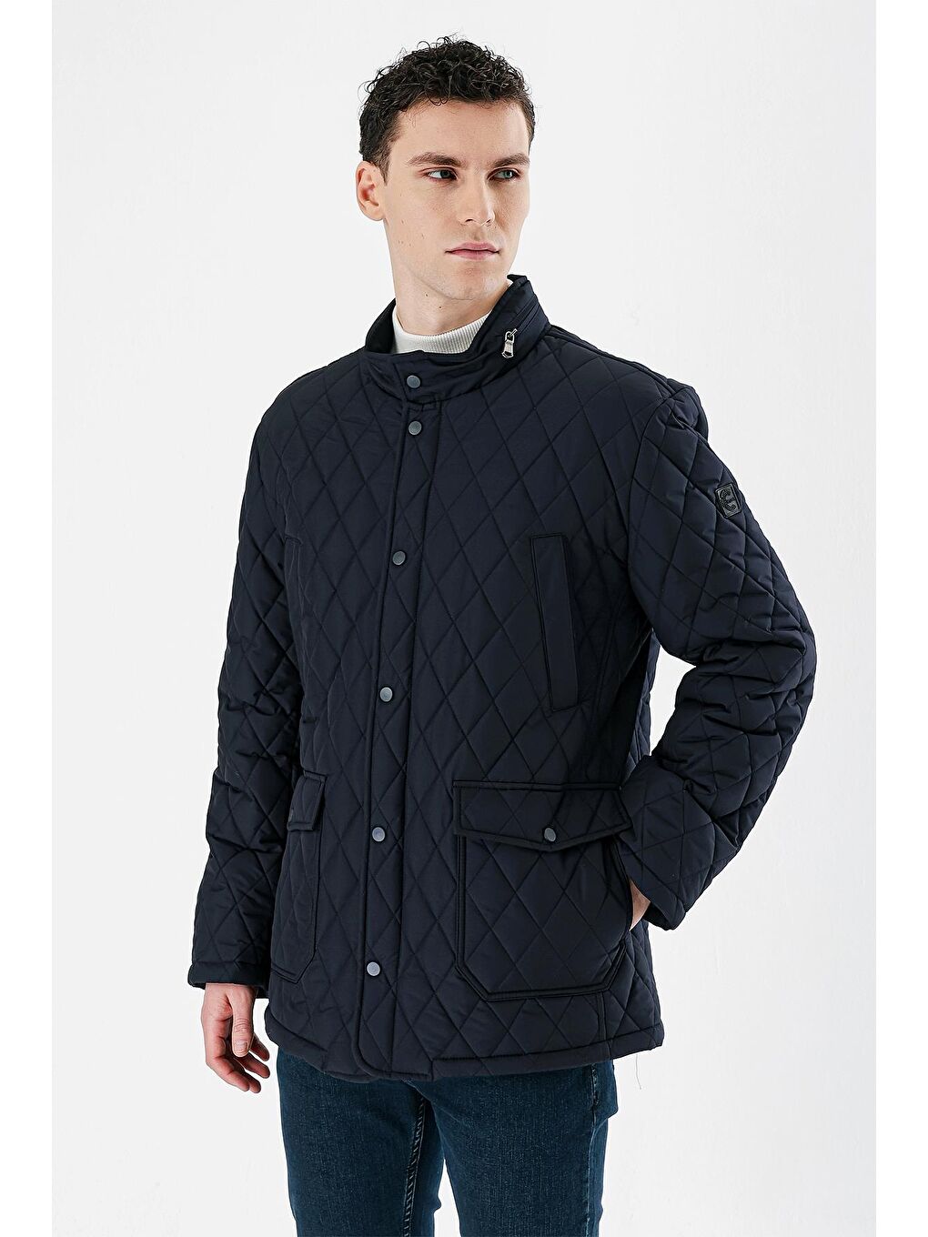 Koyu Lacivert Kapitone Dik Yaka Astarlı  Comfort Fit Rahat Kesim Casual Büyük Beden Mont 1007235265