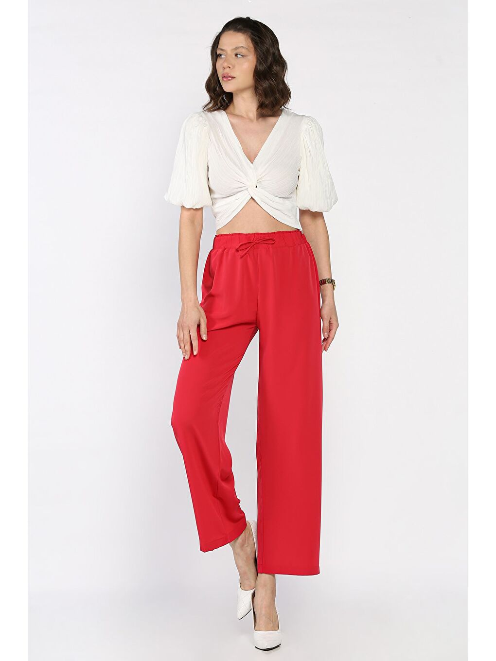 Kırmızı Kadın Bel Lastikli Palazzo Pantolon-1