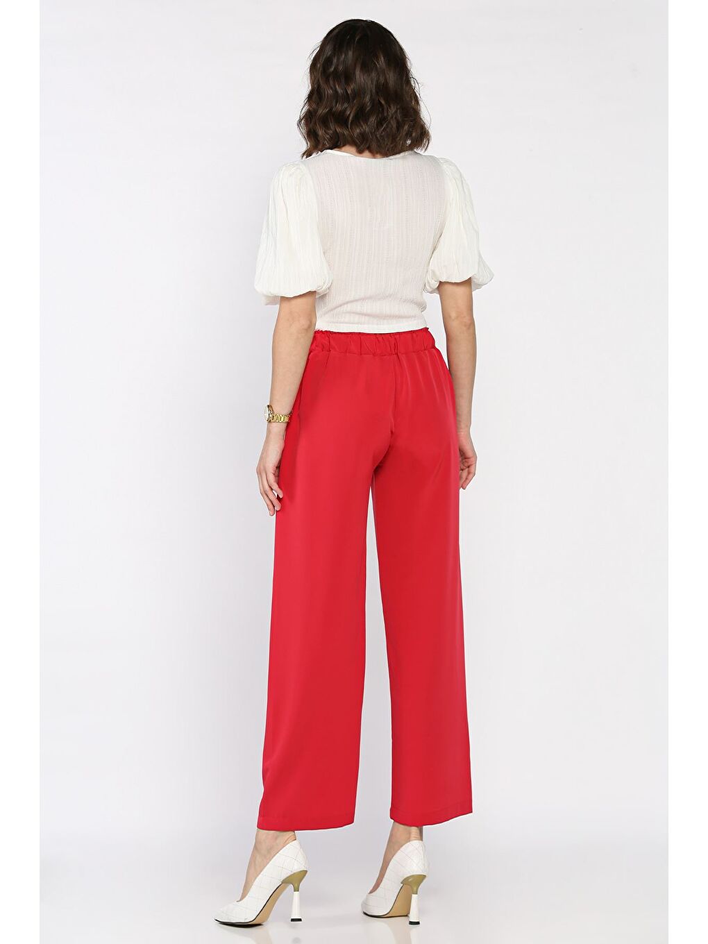 Kırmızı Kadın Bel Lastikli Palazzo Pantolon-2