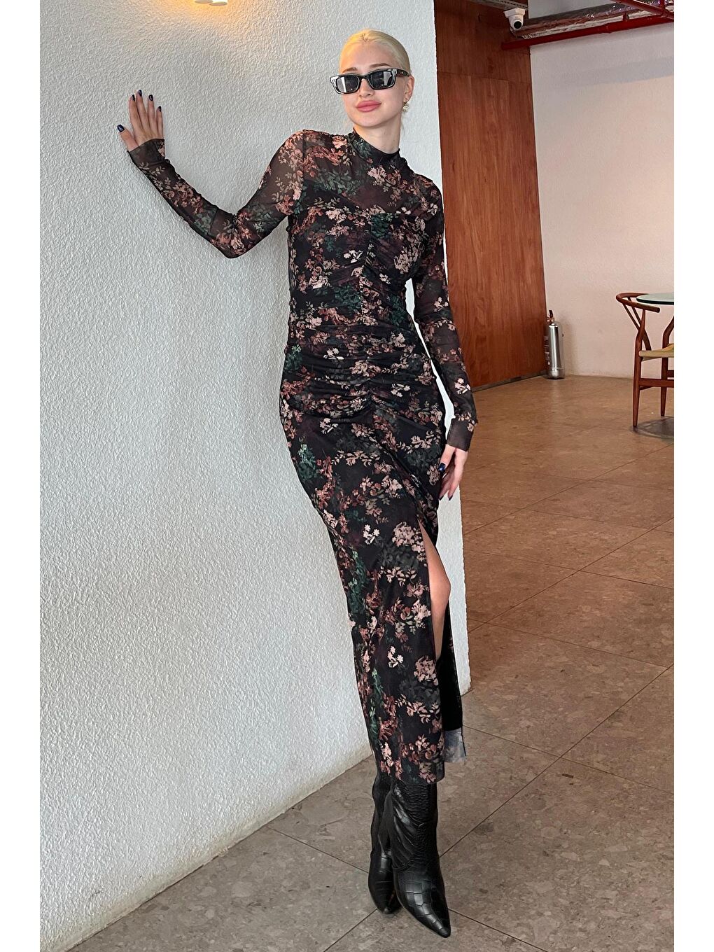 Siyah Uzun Çiçek Desenli Tül Kadın Elbise Mg2222