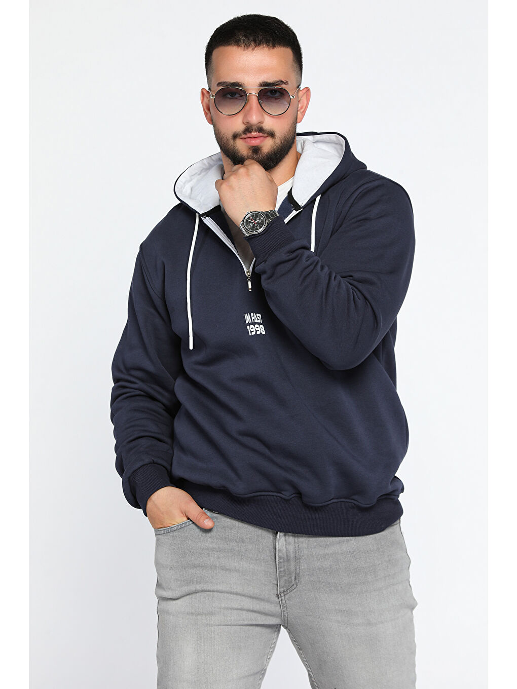 Mishar İtalia Lacivert Erkek Kapüşonlu Yarım Fermuarlı Şardonlu Slim Fit Üç İplik Sweatshirt