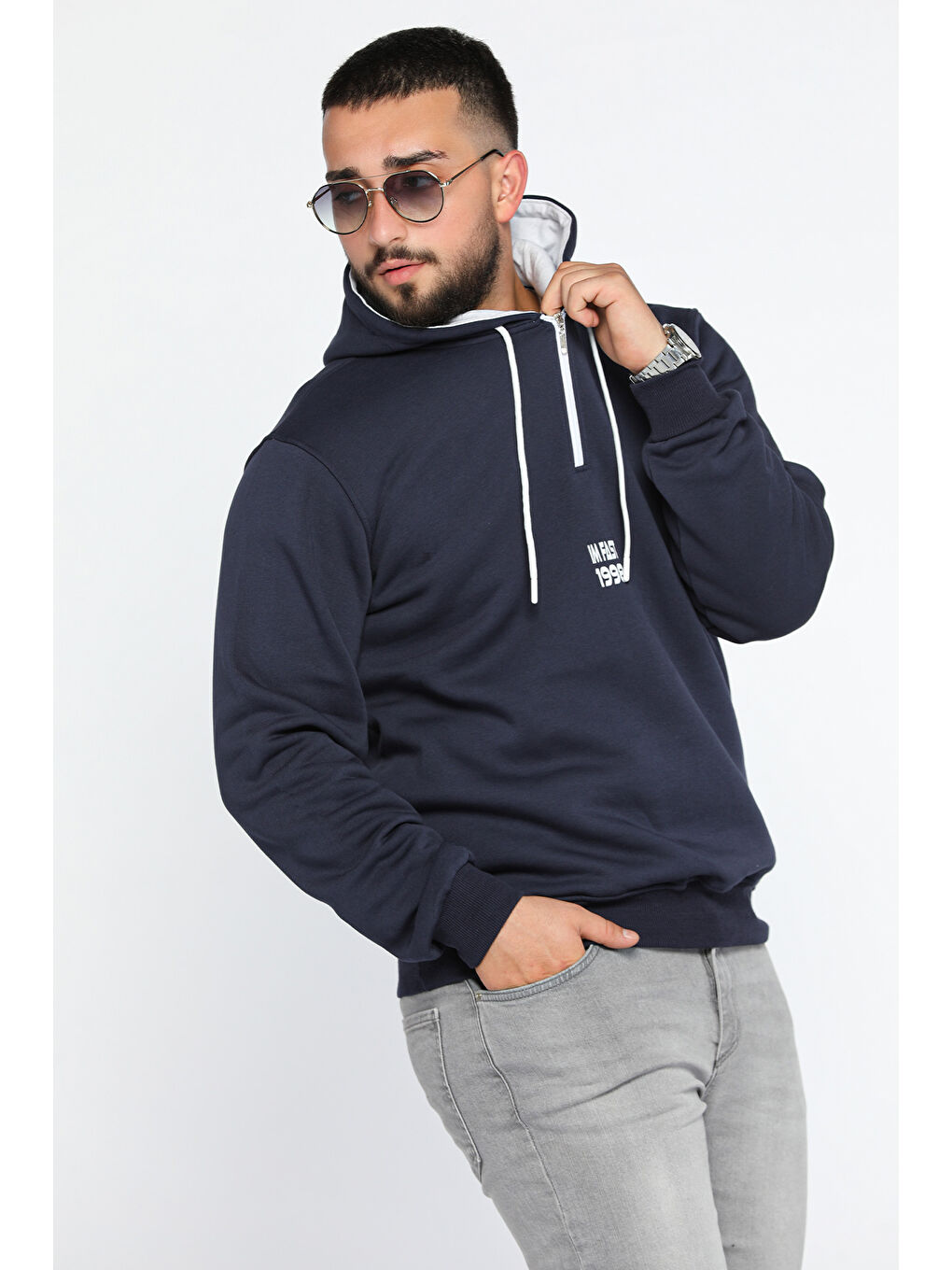 Mishar İtalia Lacivert Erkek Kapüşonlu Yarım Fermuarlı Şardonlu Slim Fit Üç İplik Sweatshirt - 1