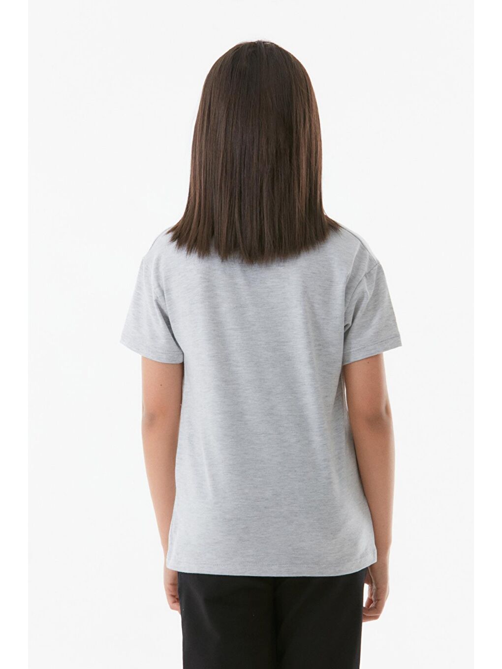 Gri Kelebek Nakışlı Bisiklet Yaka Kız Çocuk Tişört-3