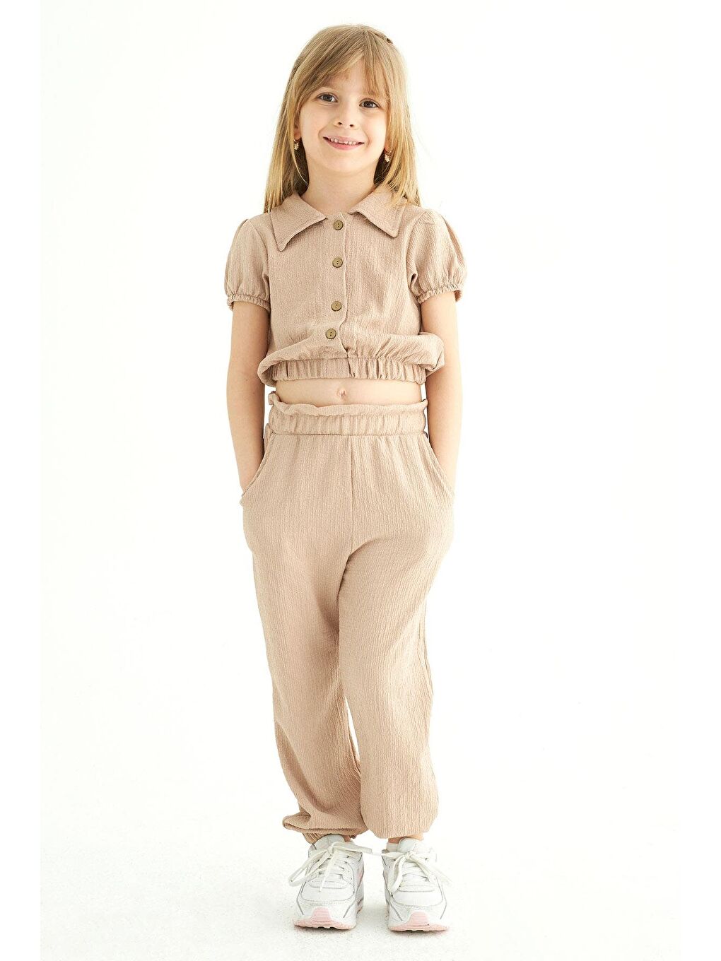 Bej Karpuz Kollu Kız Çocuk Pantolon Takım-1