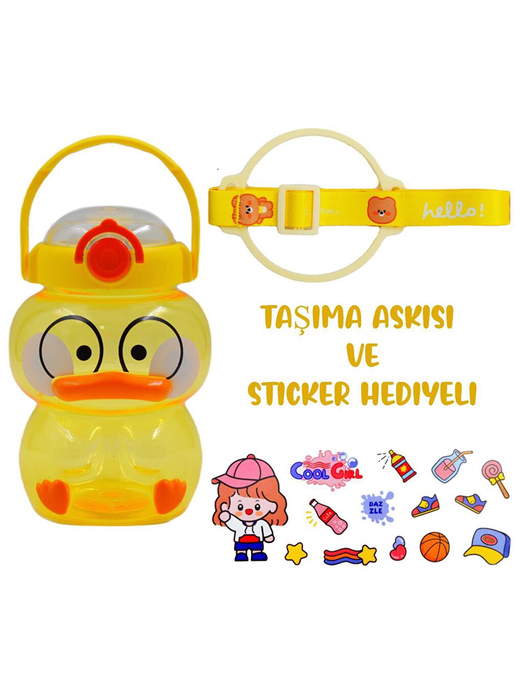 BottleBoss Pipetli Taşıma Askılı Sevimli Ördek Matara 1 Litre Sticker HEDİYELİ Sarı - 1