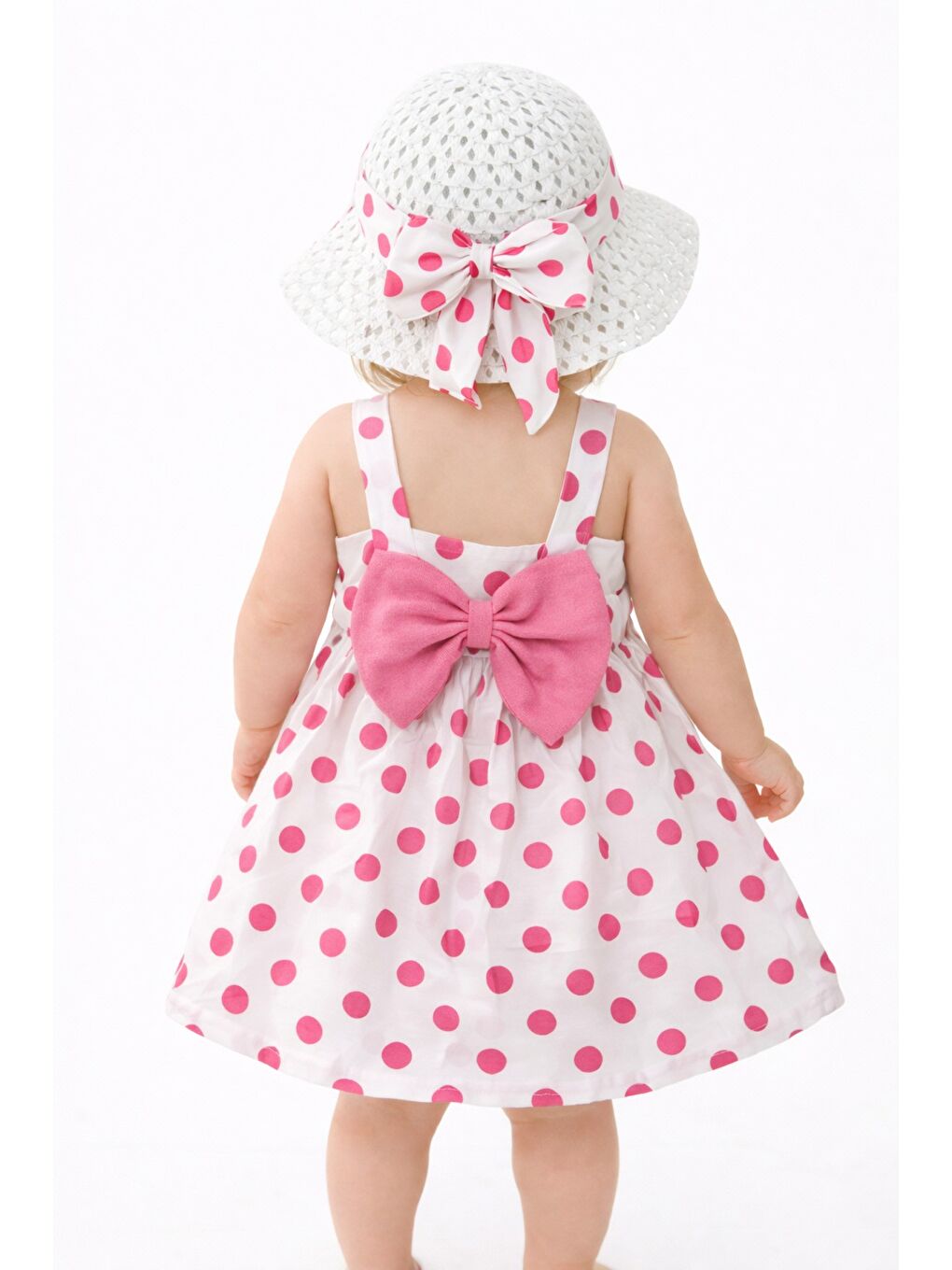Pembe Puantiye Desenli Fiyonk Detaylı Kız Bebek Elbise-1