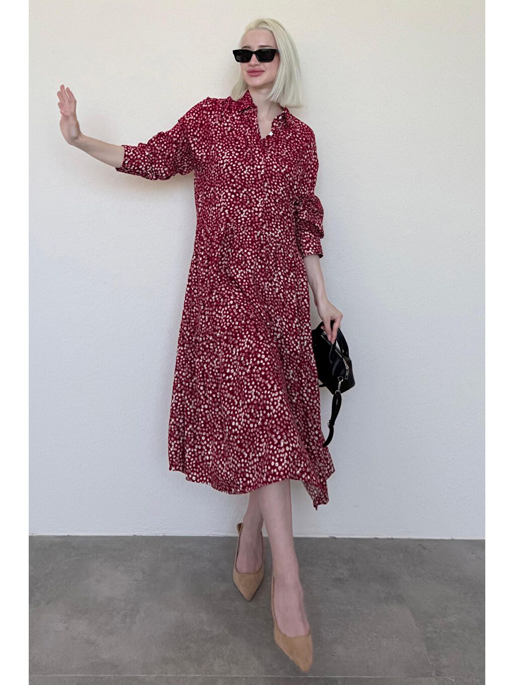 Bordo Uzun Kollu Düğmeli Desenli Elbise Mg2431-3