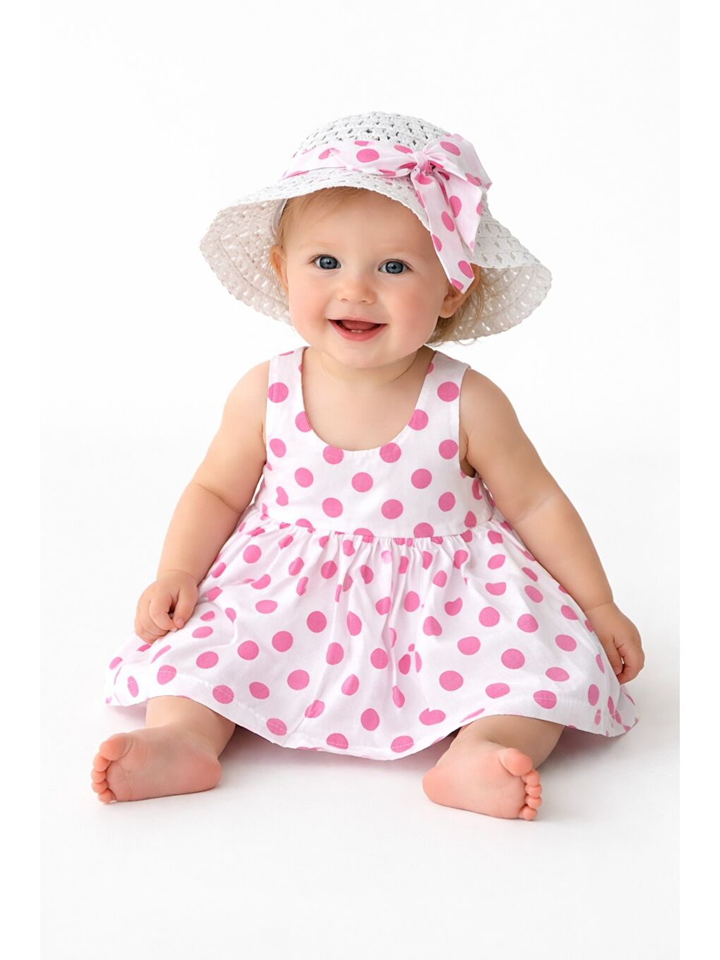 Pembe Puantiye Desenli Fiyonk Detaylı Kız Bebek Elbise-2