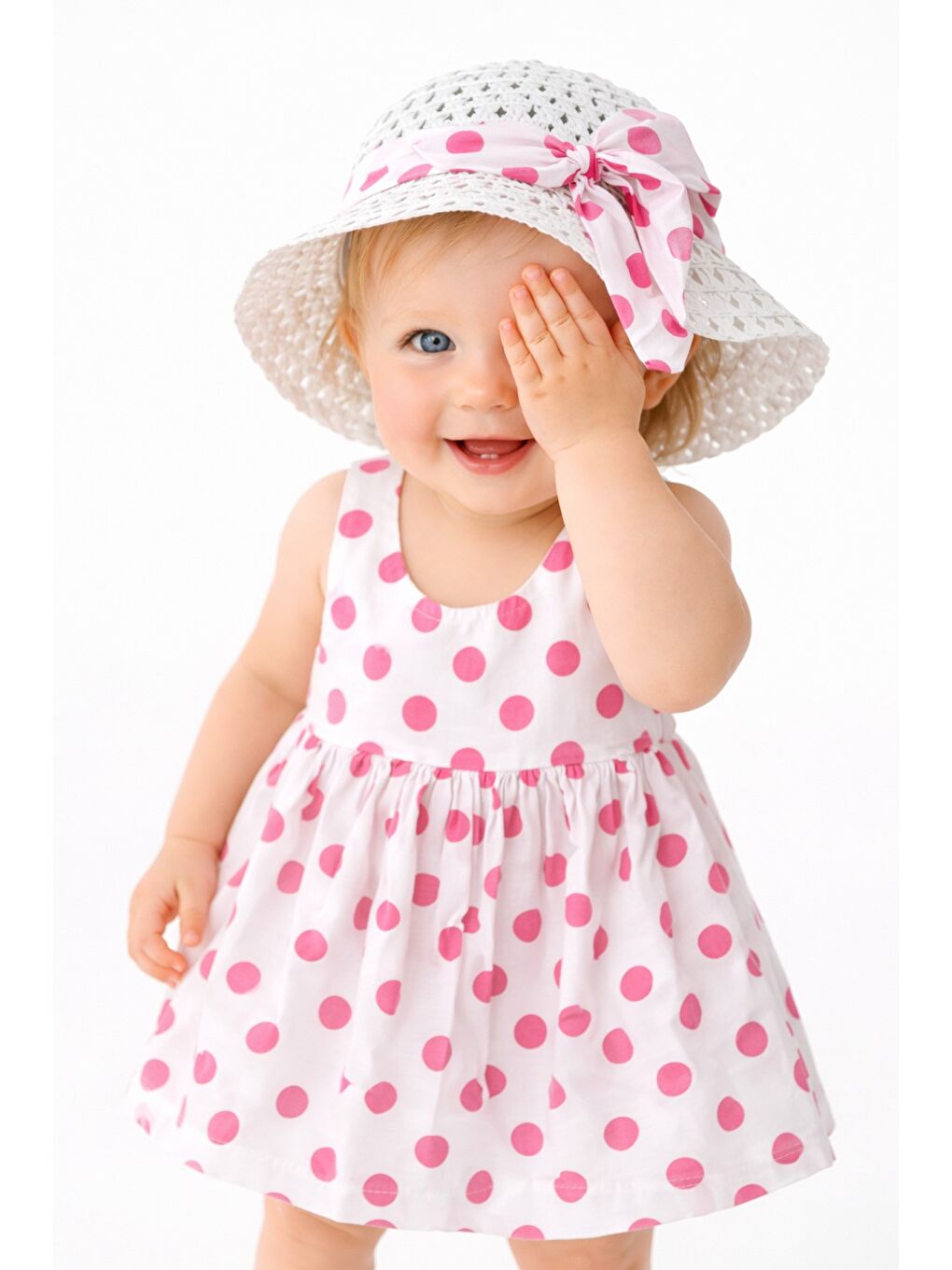 Pembe Puantiye Desenli Fiyonk Detaylı Kız Bebek Elbise-3